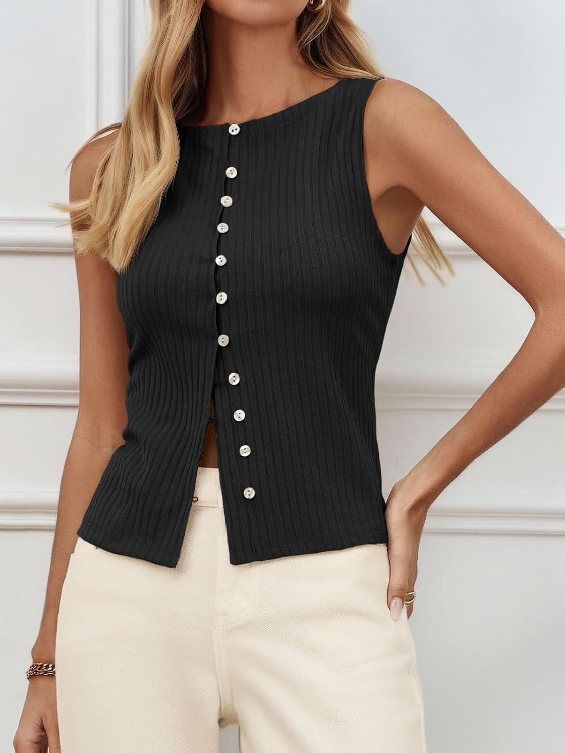 Tankaneo Womens Button Down Ribbed Tank Tops Cropped Cute Y2k Vest Tops Summer Going Out Outfits - Image 2