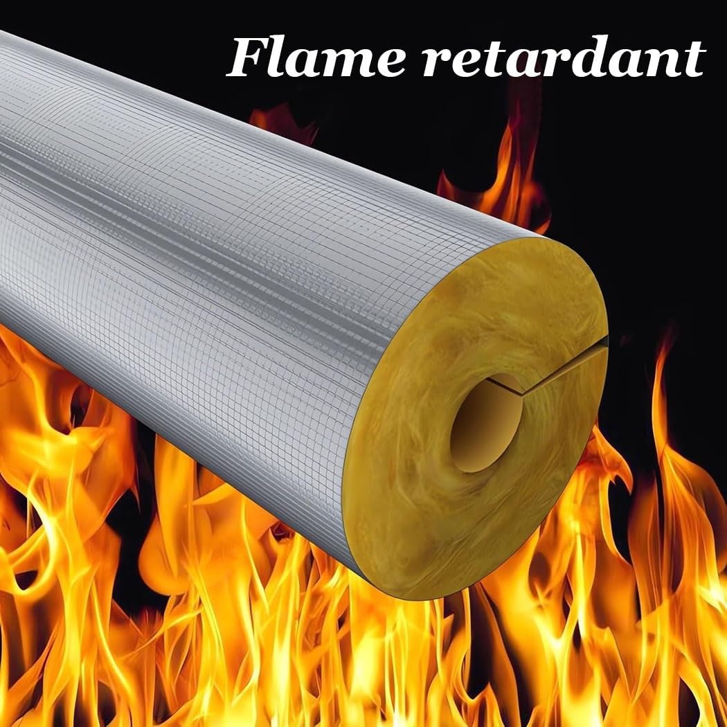 Glass Wool Insulation Pipe Aluminum Foil Pipe Insulation Tubing, 3.3ft Length Self-Adhesive Rock Wool Thermal Insulation Pipe for Steam Pipeline Insulation, 1.18" Thick Wall(60mm/2.4in*30mm)