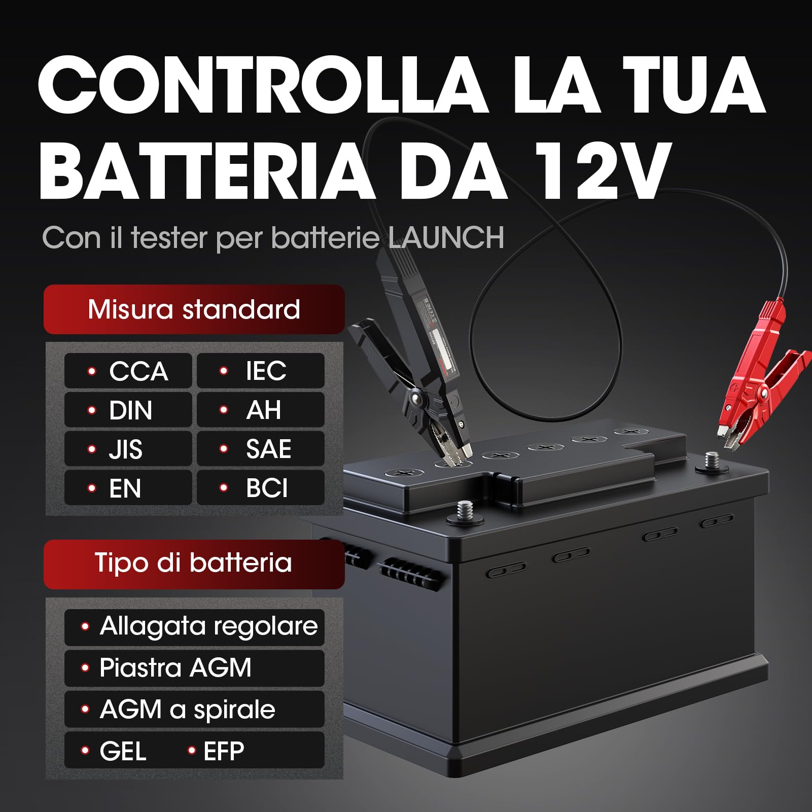 LAUNCH BST360 - Tester batteria auto 12 V, 100-2000 CCA Bluetooth strumento analizzatore della batteria Auto, test di salute di ricarica per auto camion moto ATV SUV barca Yacht