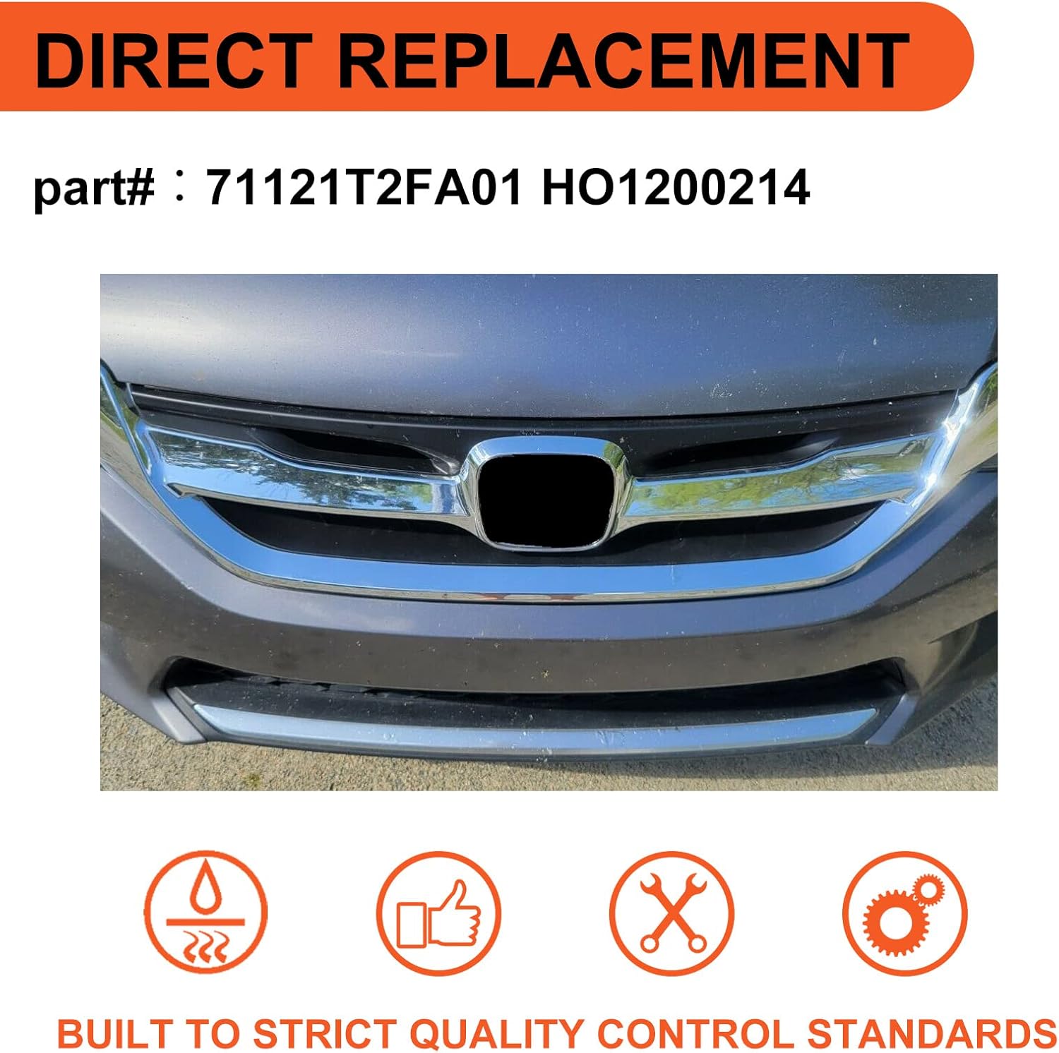 ECOTRIC Front Bumper Grille Compatible With 2013 2014 2015 Honda Accord 4 Door Sedan, Chrome Hood Mesh Grill Replacement for 71121T2FA01 HO1200214, JDM Mod Style
