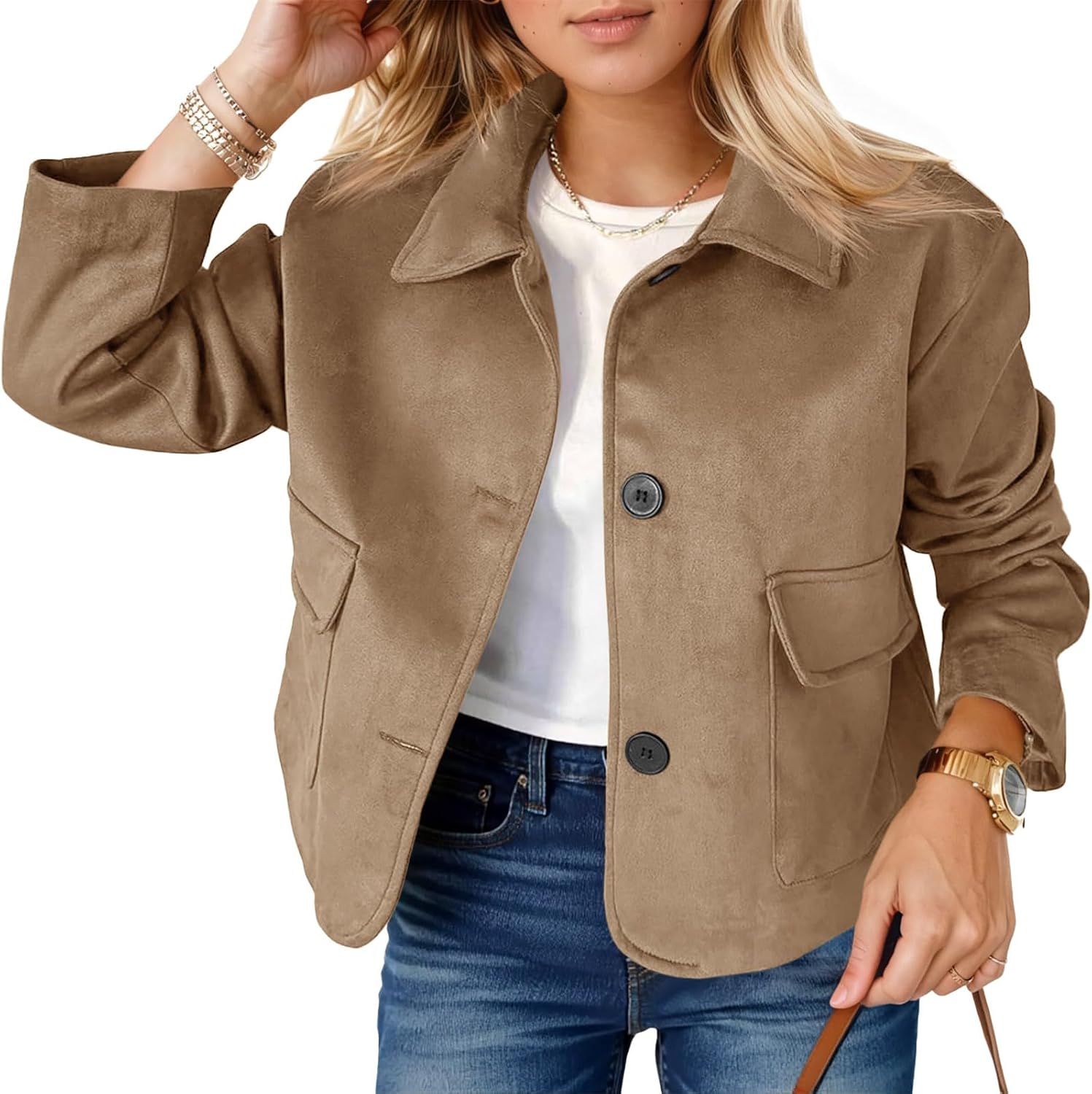 Tankaneo Womens Faux Suede Leather Jackets Casual Cropped Coats Vintage Button Down Shackets