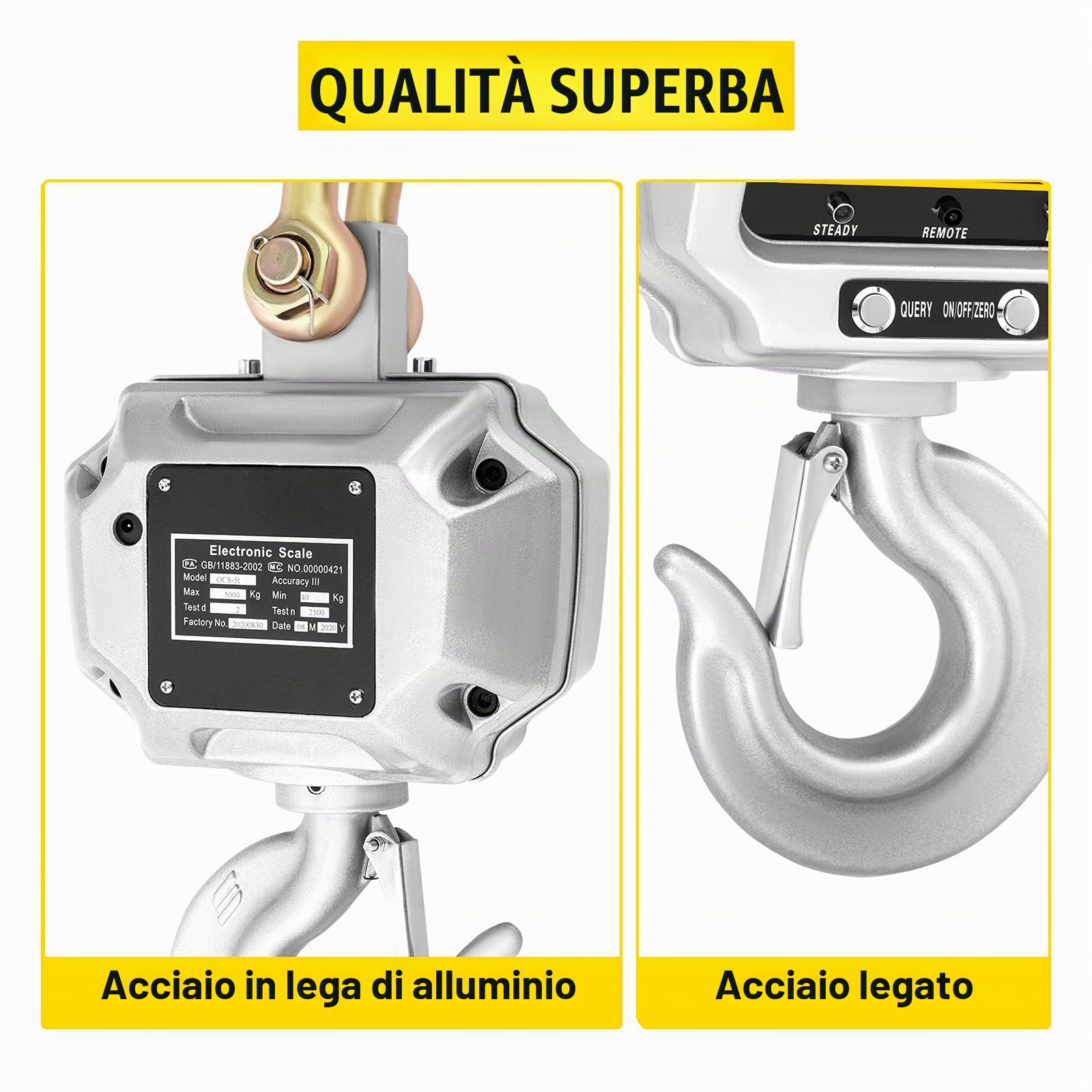 VEVOR Bilancia a Gancio Digitale da 5000kg, Bilancia Dinamometro con Gru di Elevata Precisione, Gancio Elettronico Pesapersone Elettronica Portatile con Display LCD