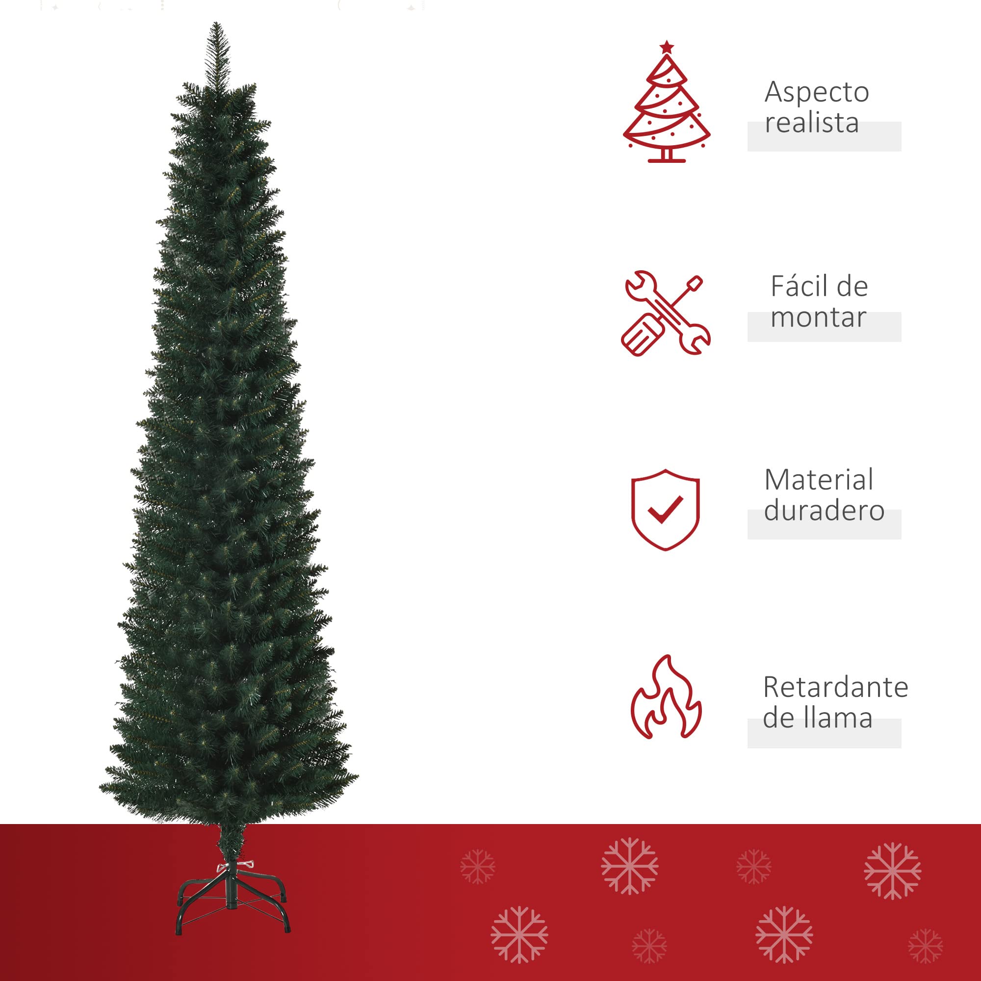 HOMCOM Árbol de Navidad Estrecho 180 cm, Árbol de Navidad Artificial con 380 Ramas, Base Plegable y Soporte Metálico, Fácil Montaje, para Salón, Interior, Verde