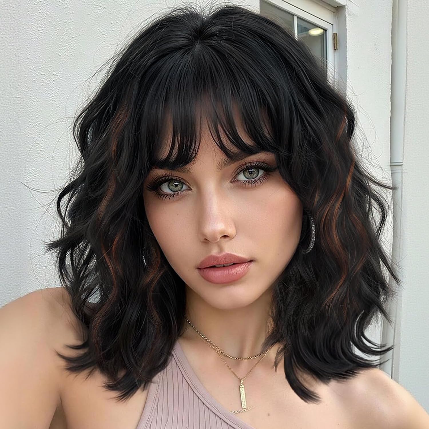 Short Wavy Curly Bob Wigs with Fringe for Women Natural Hair Wig Heat Resistant Fiber for Daily Use or Cosplay Party (Black with Brown)