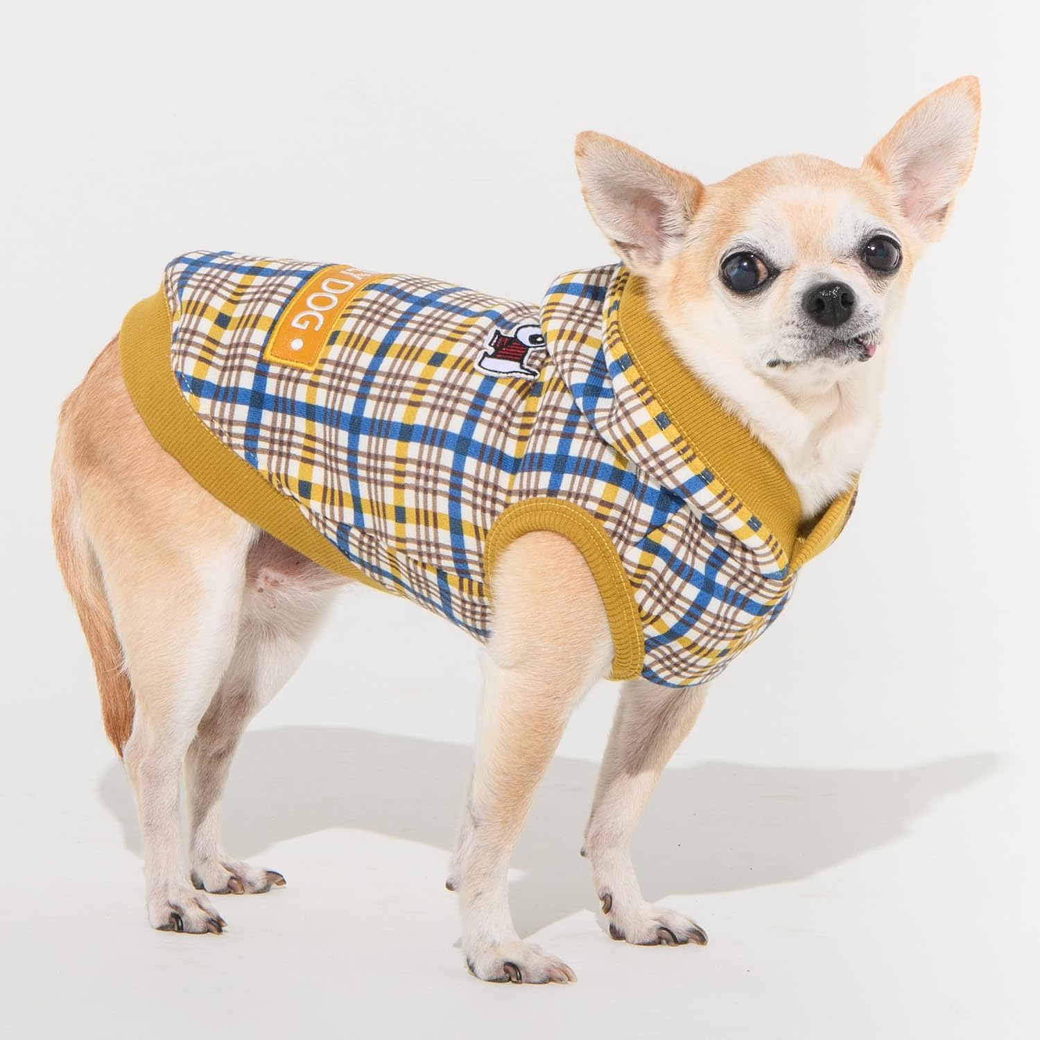 Puppia Vetle Cute Winter Hooded Shirts Checkered Pattern for Small and Medium Dogs, Yellow, Medium
