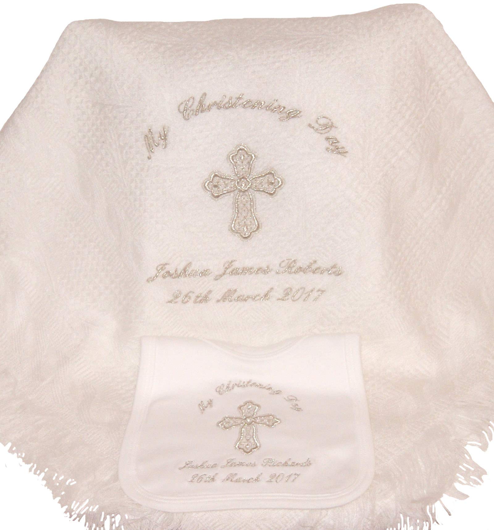 Baby’s Personalised Christening/Baptism/Naming Day Guardian Cross Shawl & Bib Set (Silver)