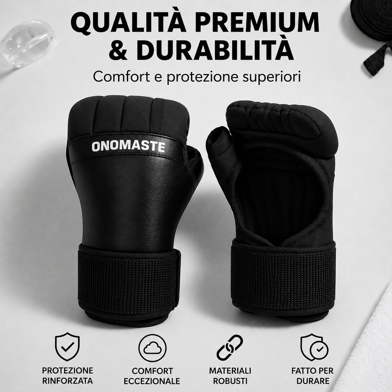Sottoguanti da boxe con protezione gel, guanti per MMA e kickboxing, pelle sintetica, nero