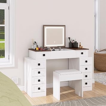 Vanity Desk with Adjustable LED Light and 10 Drawers Makeup Table with Flip up Mirror and Large Storage Vanity Table Set with Soft Stool for Bedroom, White+Walnut