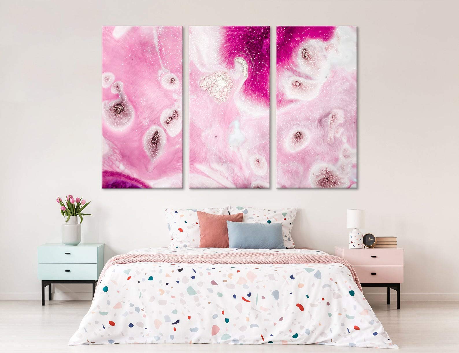 MCZQT Home Decoration Hd 3 Pieces Print Paintings Glitter Pink Picture Wall Artwork Modular Canvas Poster Bedside Background 50X100Cmx3Pcs Frame
