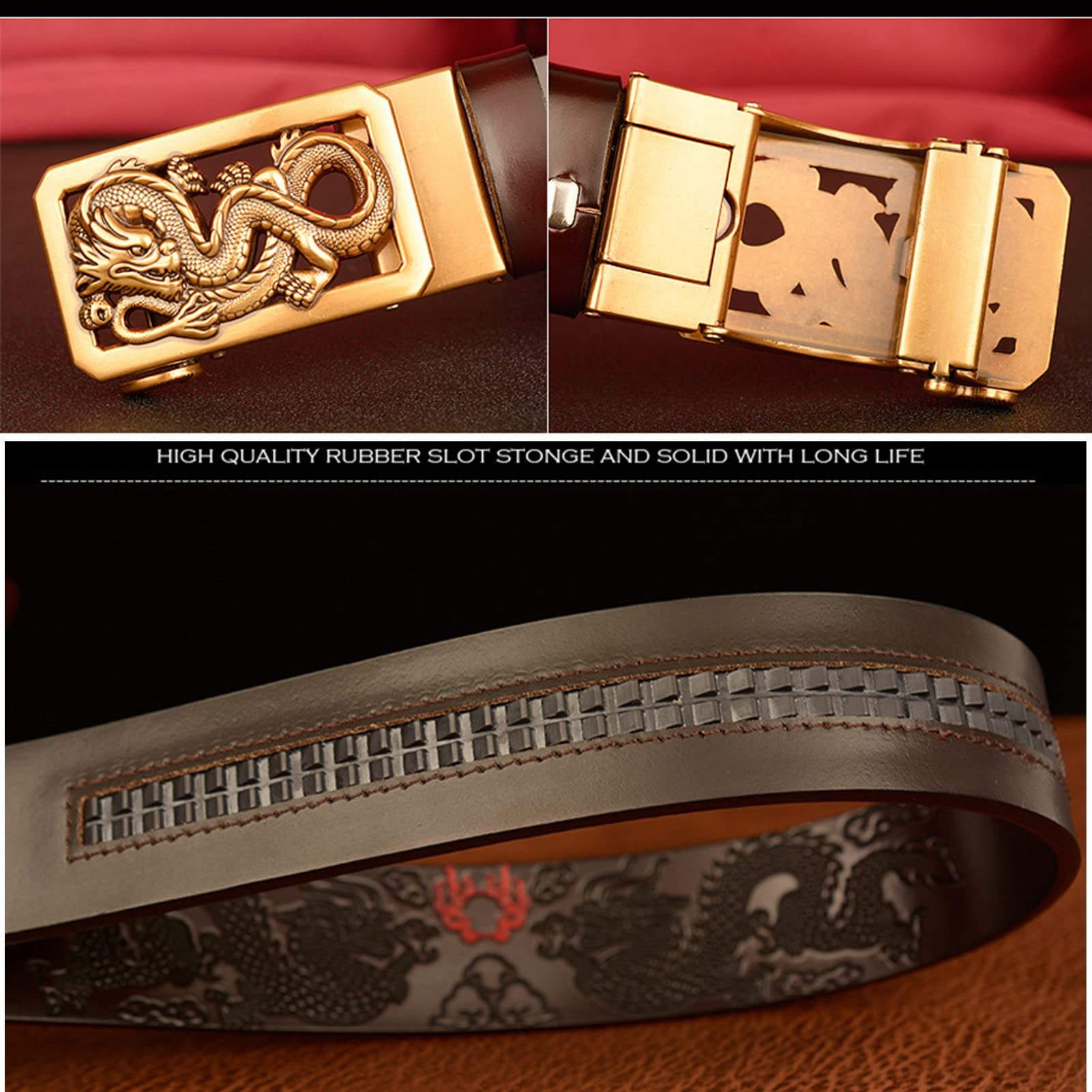 Cinturón De Trinquete For Hombre 3,5 Cm Cuero Genuino Con Hebilla Deslizante Automática Y Escultura Dragón Dorado Hueco Grabado
