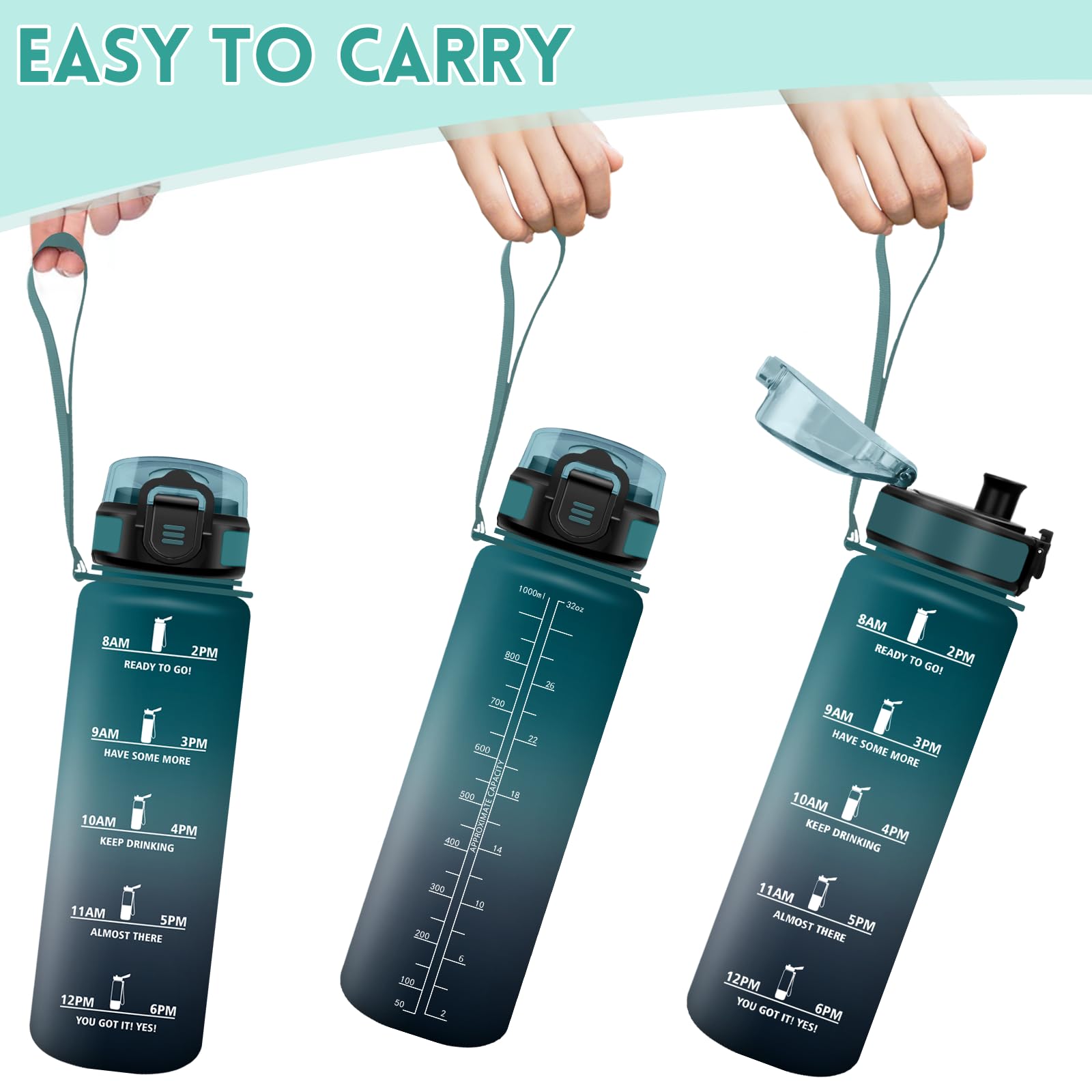 Motswedi Borraccia 1 litro,Riutilizzabile, Borraccia Motivazionale, a Prova di Perdite, Bottiglia Acqua, Senza BPA, Borracce, per Sport, Ufficio, Ciclismo, Palestra, Verde&Grigio
