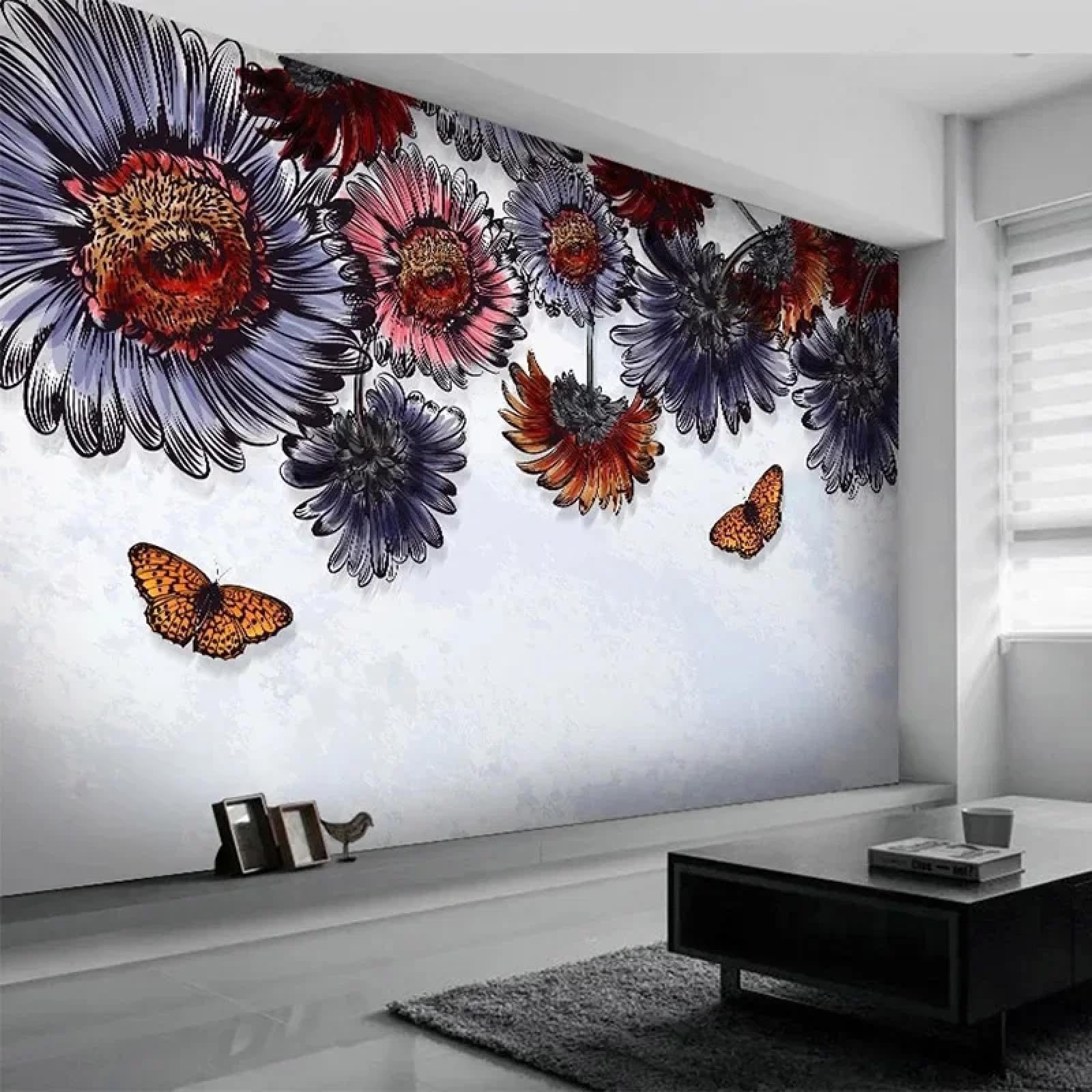 Papier peint floral abstrait avec effet peinture à l'huile rétro 3D et motifs plantes