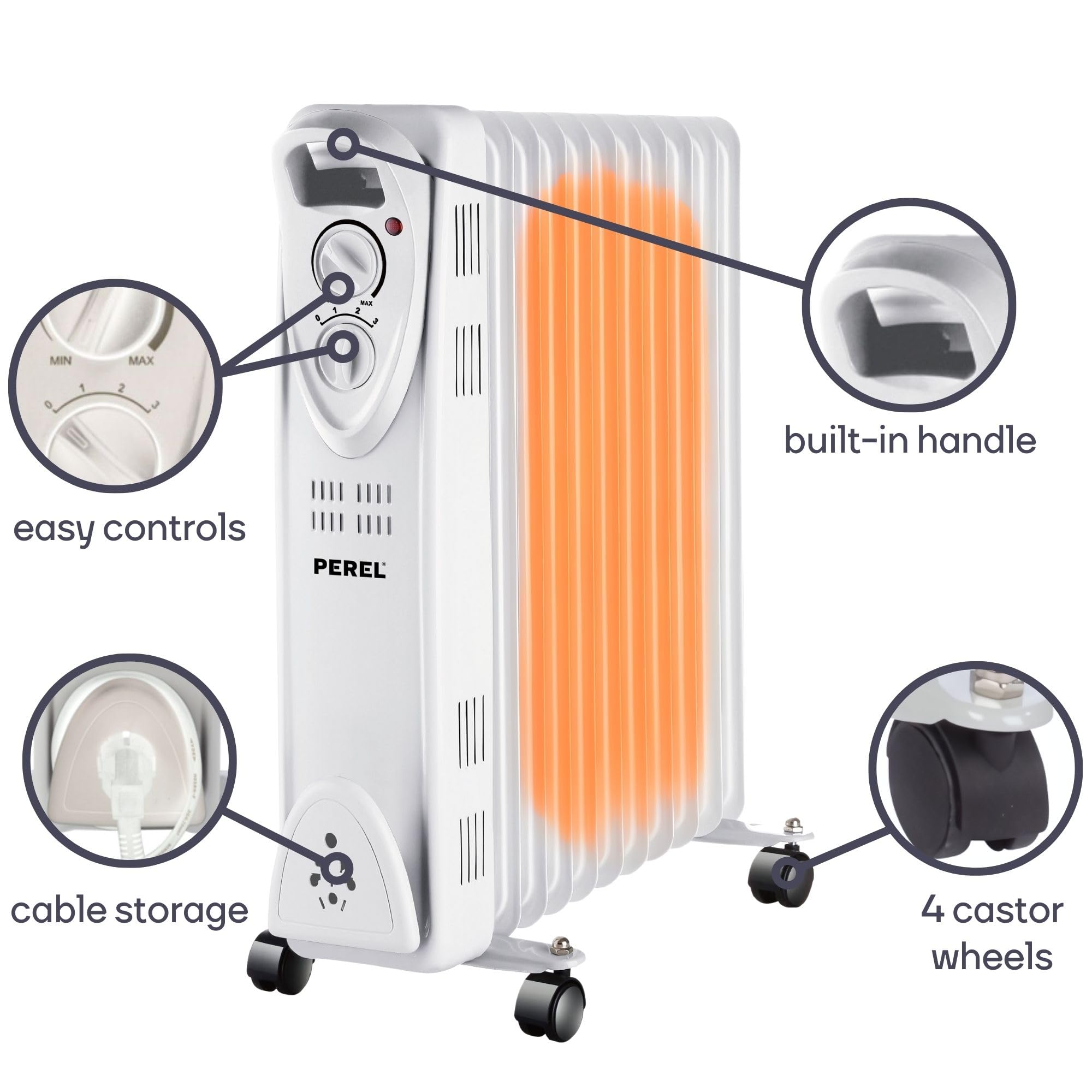 Perel Radiador de aceite de 2500W con 11 elementos, 3 niveles de calor, termostato ajustable, asa, ruedas, protección contra sobrecalentamiento y vuelco, calefactor portátil, silencioso y eficiente