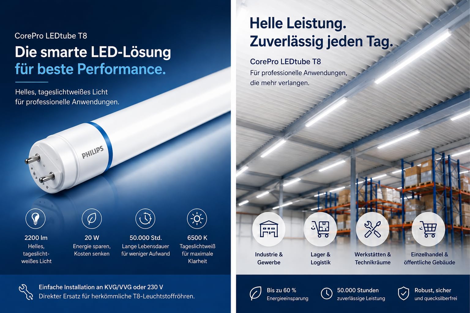 Philips 10x CorePro LEDtube T8 LED-Röhre, Kaltweiß 6500K, 10 Stück, 20W, G13-Sockel, 2200 lm, Ersatz für 58W TL-D, 220-240V 10er SPARPACK