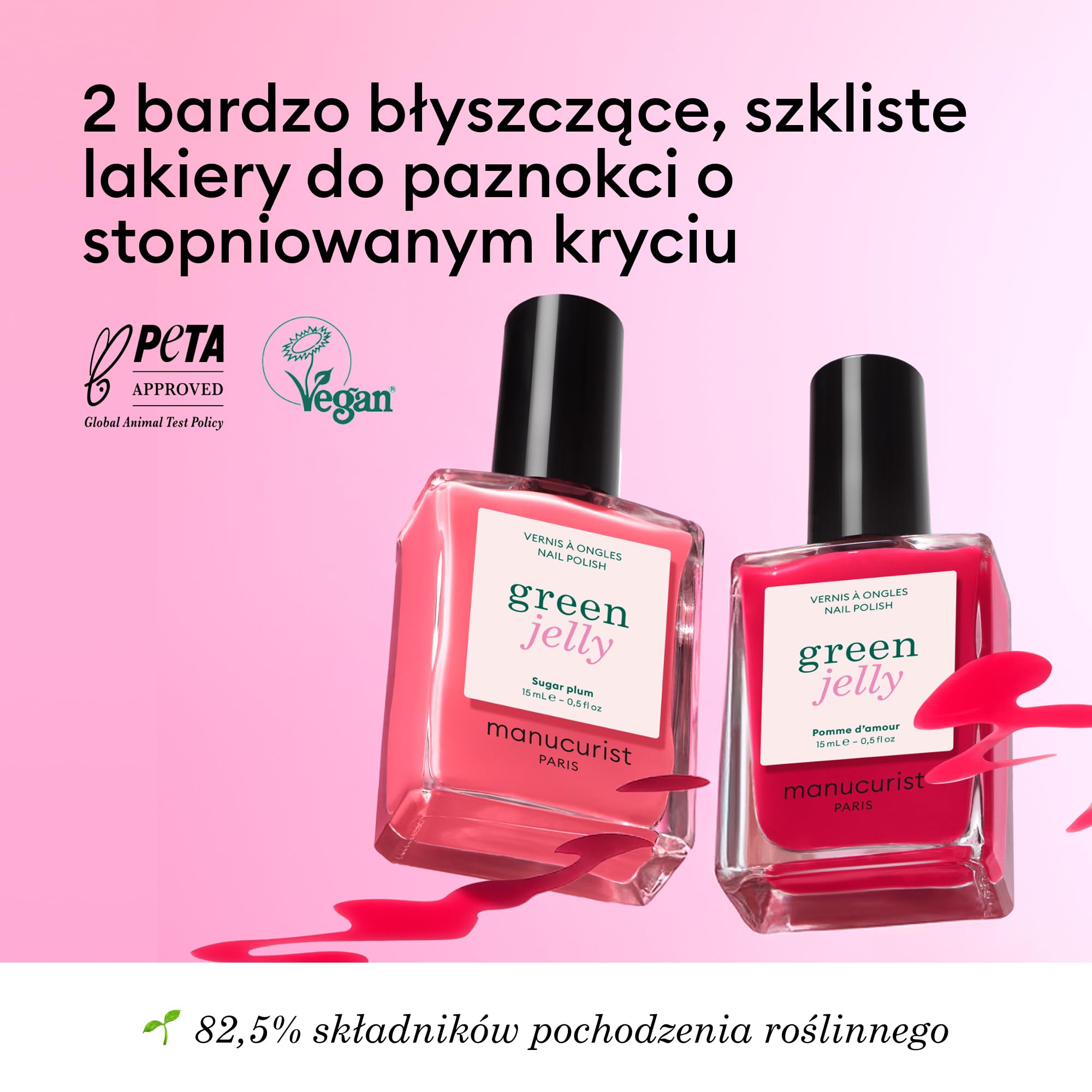 Manucurist - Duo lakierów Jelly Green™ Sugar Plum & Pomme d’Amour - Transparentne lakiery do paznokci - półkryjące wykończenie jelly ultra glossy - 82,5% składników naturalnego pochodzenia - 15 ml