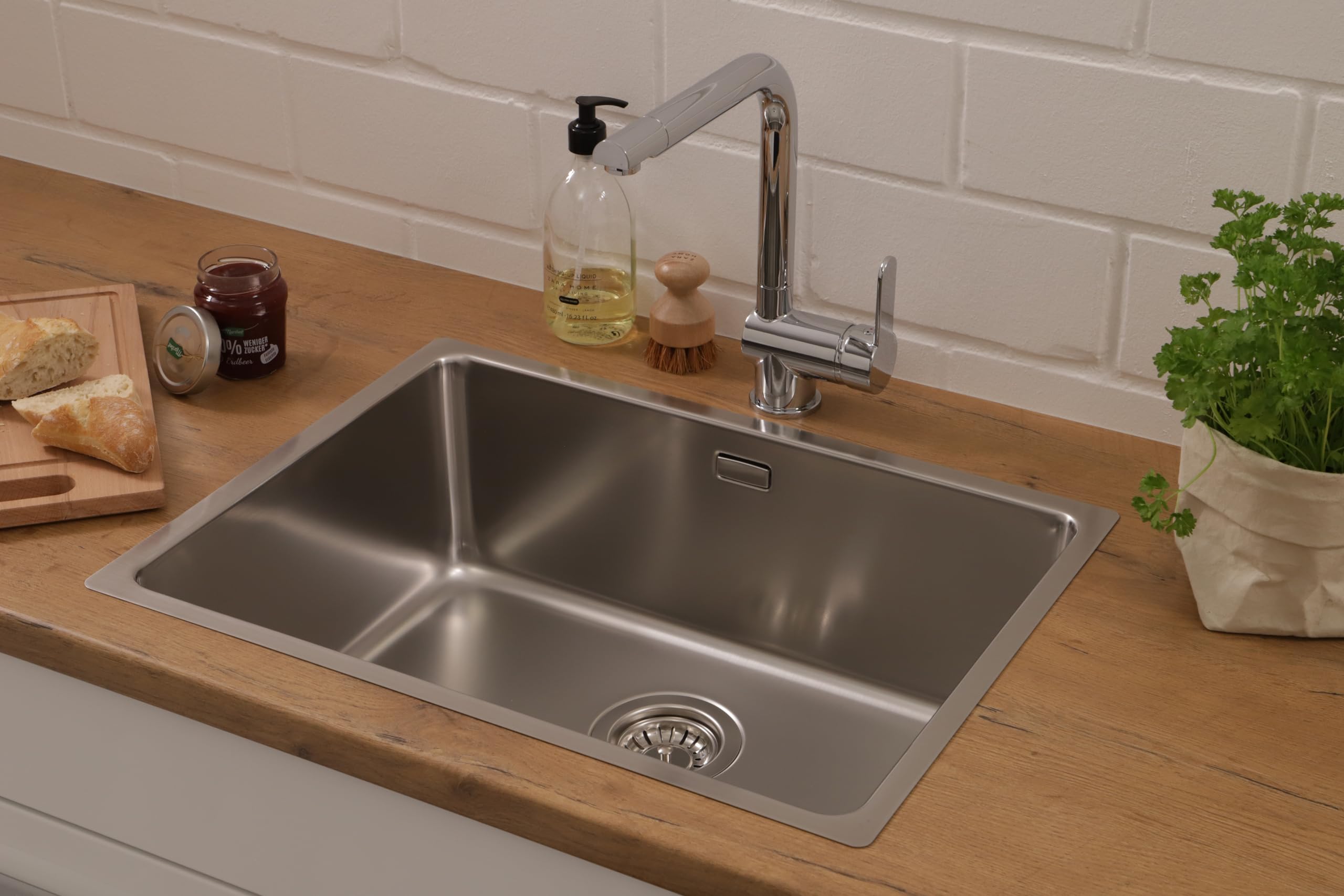 Respekta Detroit Lavello in acciaio inox/Lavello da incasso a 1 vasca da 59 x 43,5 cm/Lavello in acciaio inox adatto a basi da 60 cm di larghezza
