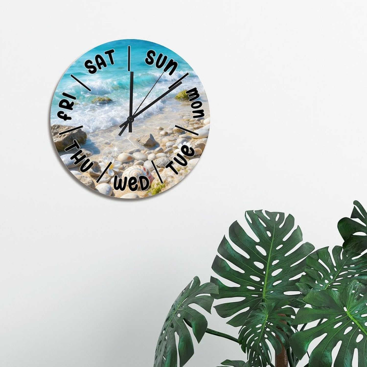 ArogGeld Seashell Beach Day of The Week Wall Clock Retirement Gift Coastal Nautical Large Wall Clocks Battery Operated 15 Inch Silent Non-Ticking Farmhouse Wall Decor for Bedroom Living Room