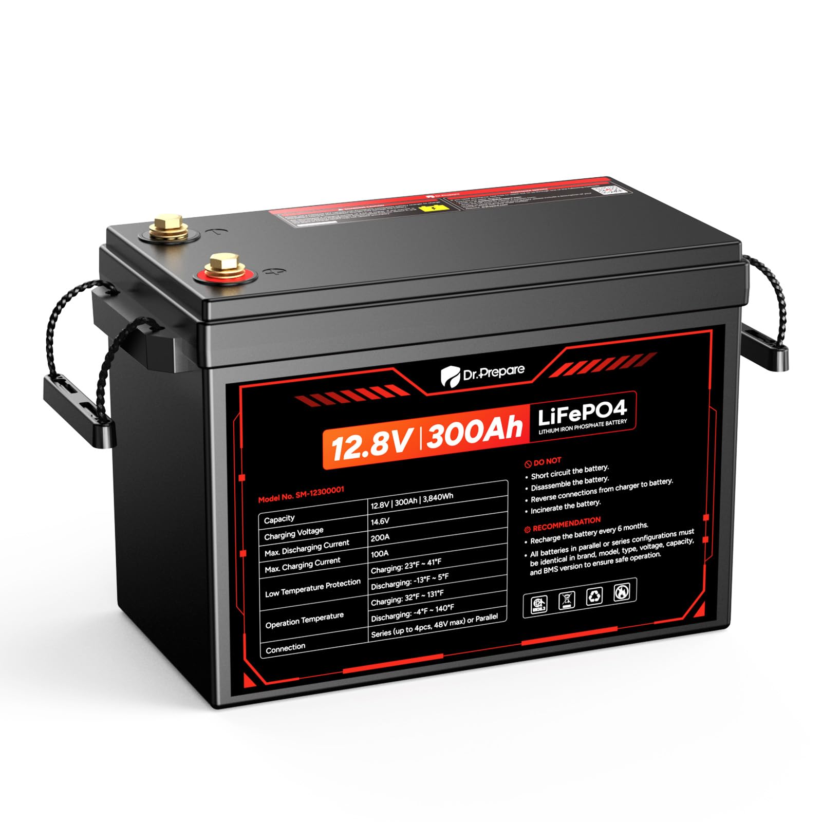 DR.PREPARE 12V 300Ah LiFePO4 Battery, Grade A+ Cells 3840Wh Rechargeable Lithium Iron Phosphate Battery, 200A BMS &amp; Low Temp Cut Off, Small Size for RV, Solar, Off-Grid, Camping, Boat, Backup Power