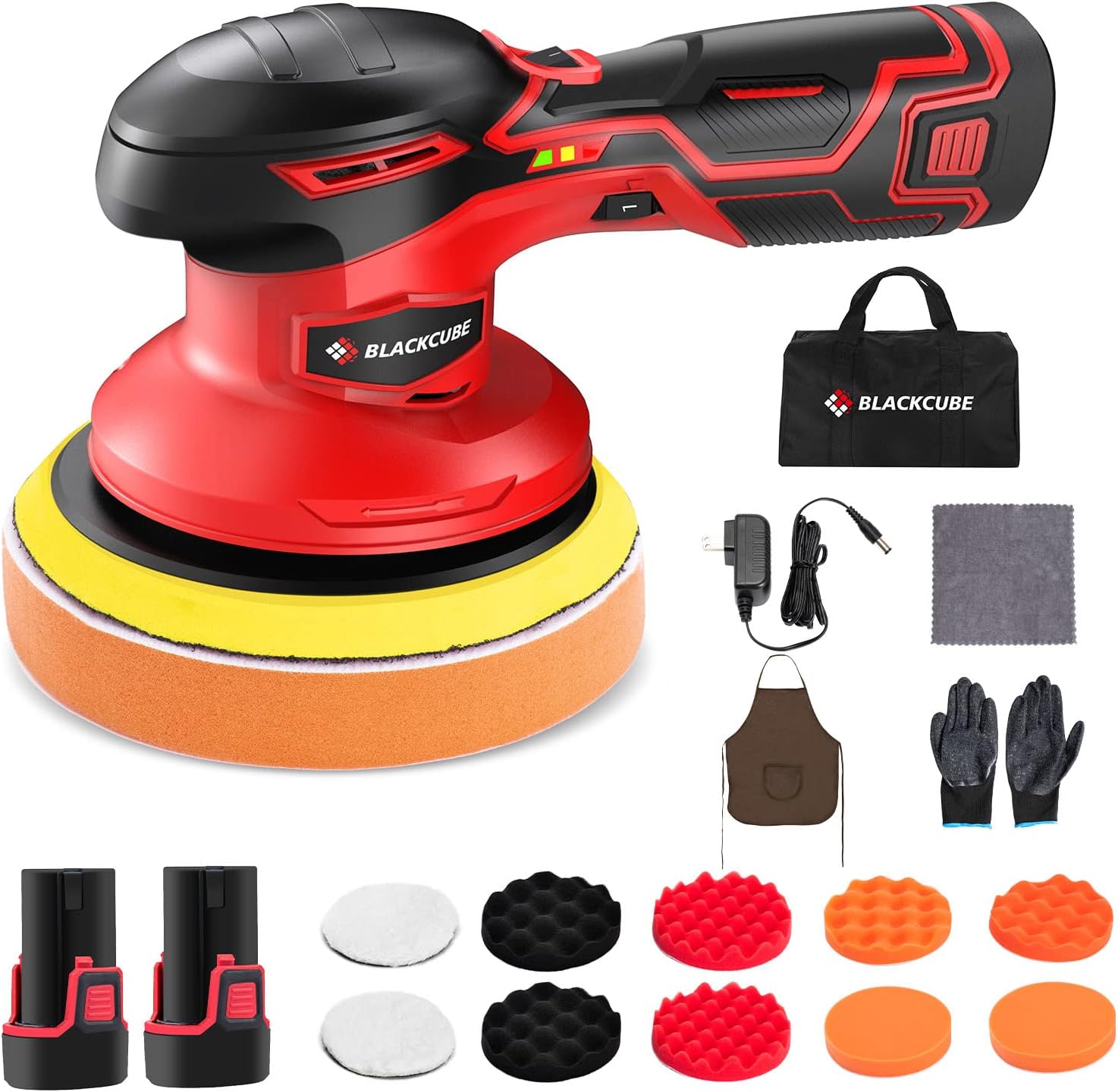 BLACKCUBE Cordless Car Buffer Polisher with 2 PCS 12V 2000mAh Lithium Battery, 6 Variable Speed, Extra 10PCS Attachments,Wireless Buffer Polisher Kit for Car Detailing/Scratch Repairing (Plus-18pcs)