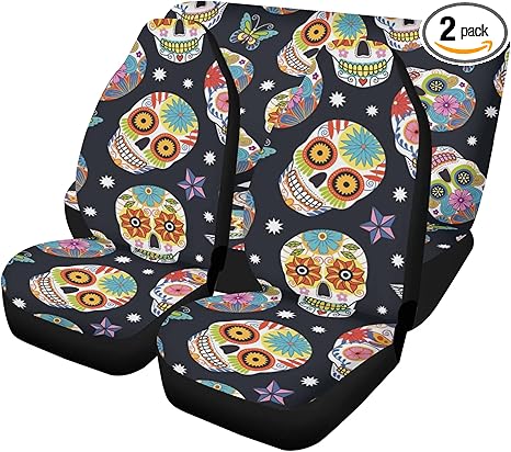Mexican Fiesta Sugar Skull Car Seat Covers and Coordinating Floor Mats – Dia de Los Muertos Calaveras Auto Upholstery Kit for Colorful Seat and Carpet Protection (2pcs Front mats)