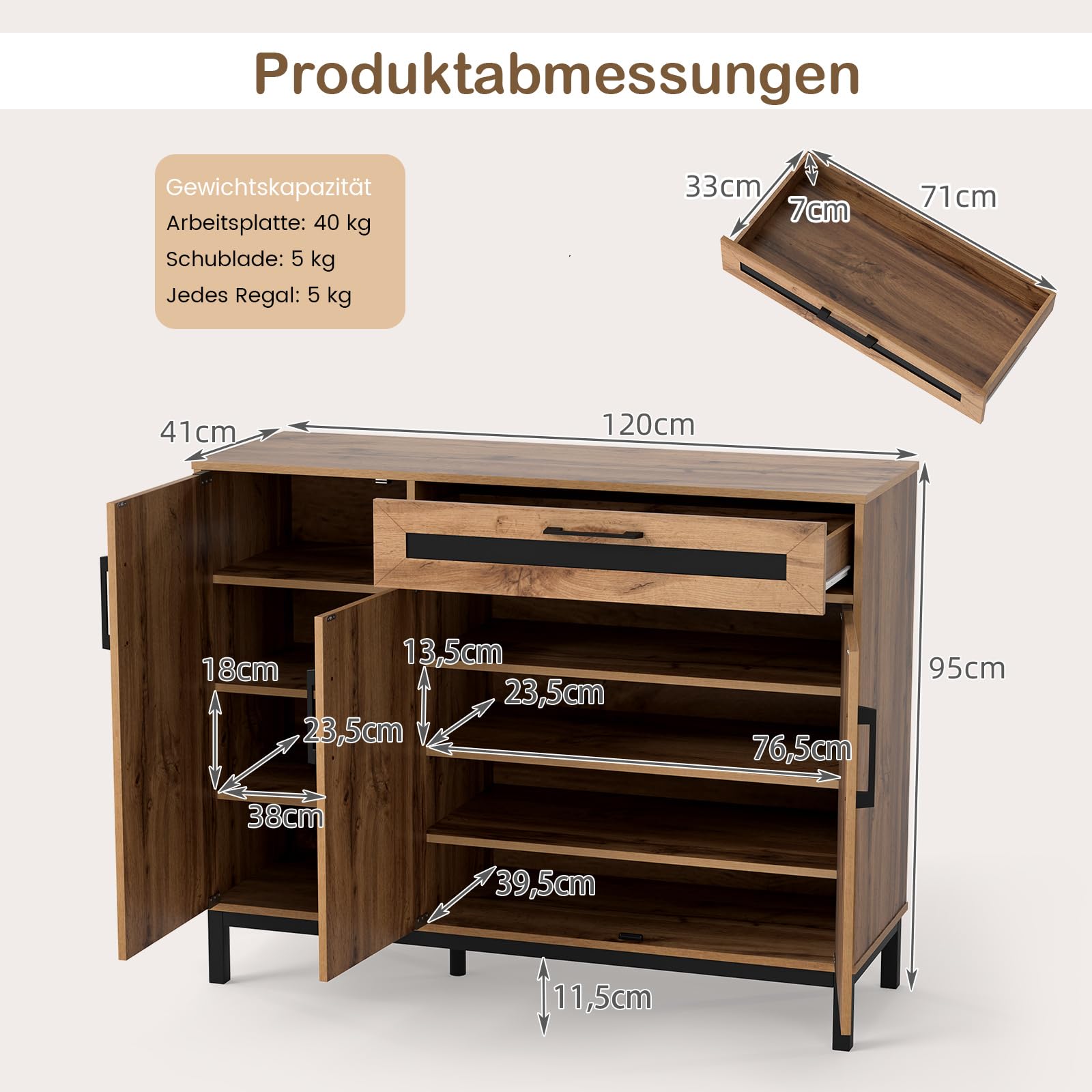 COSTWAY Sideboard Holz, Küchenschrank mit Schublade, 3 Türen, herausnehmbaren Regalen, 120 x 41 cm Arbeitsfläche, Buffetschrank für Küche, Esszimmer, Aufbewahrungsschrank, Natur + Schwarz