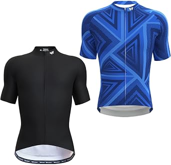 Wulibike Mens Cycling Jerseys Short Sleeve Bike Biking Shirts Full Zip with Pockets Road Bicycle Clothing Black + Blue Size M
