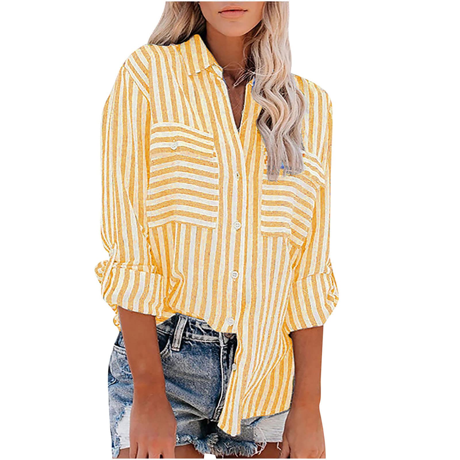 SMIDOWWomens Button Down Lapel Stripe Cotton Linen Shirts Long Sleeve Blouse Tops Fall Fashion Tops Dress Casual