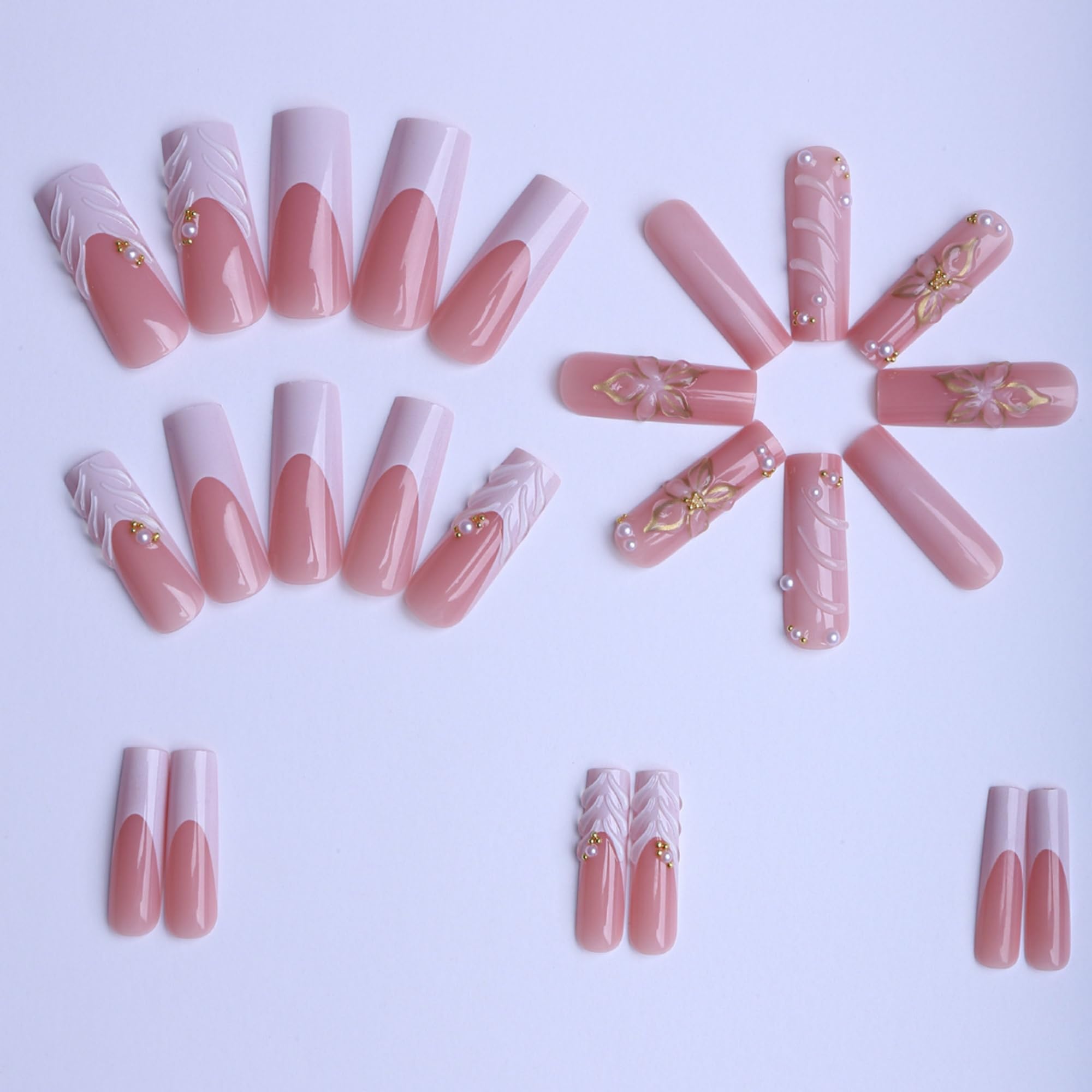 24 uñas postizas cuadradas largas y florales rosas para mujer