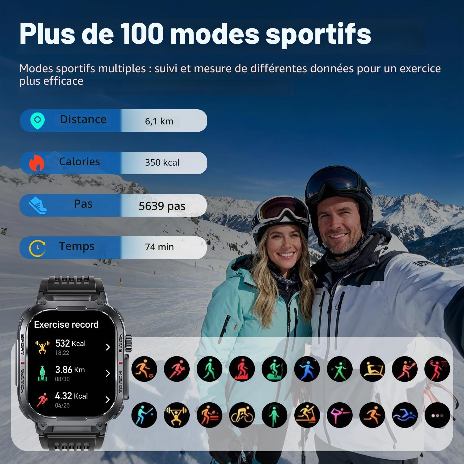 Montre Connectée Homme LED Lampe/Boussole, 2.02" Militaire Smartwatch Homme avec Appel Bluetooth, Asistente de Voz/100+ Modes Sportifs, IP68 Étanche/Podomètre Android iOS