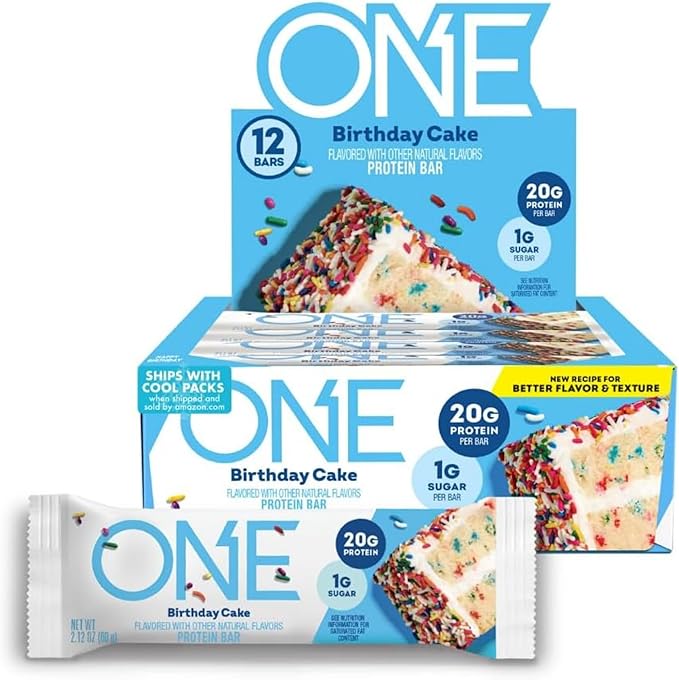 ONE Protein Bars, Birthday Cake, Gluten Free Protein Bars with 20g Protein and only 1g Sugar, Snacking for High in Protein Diets, 60g (12 Count) [Packaging May Vary]