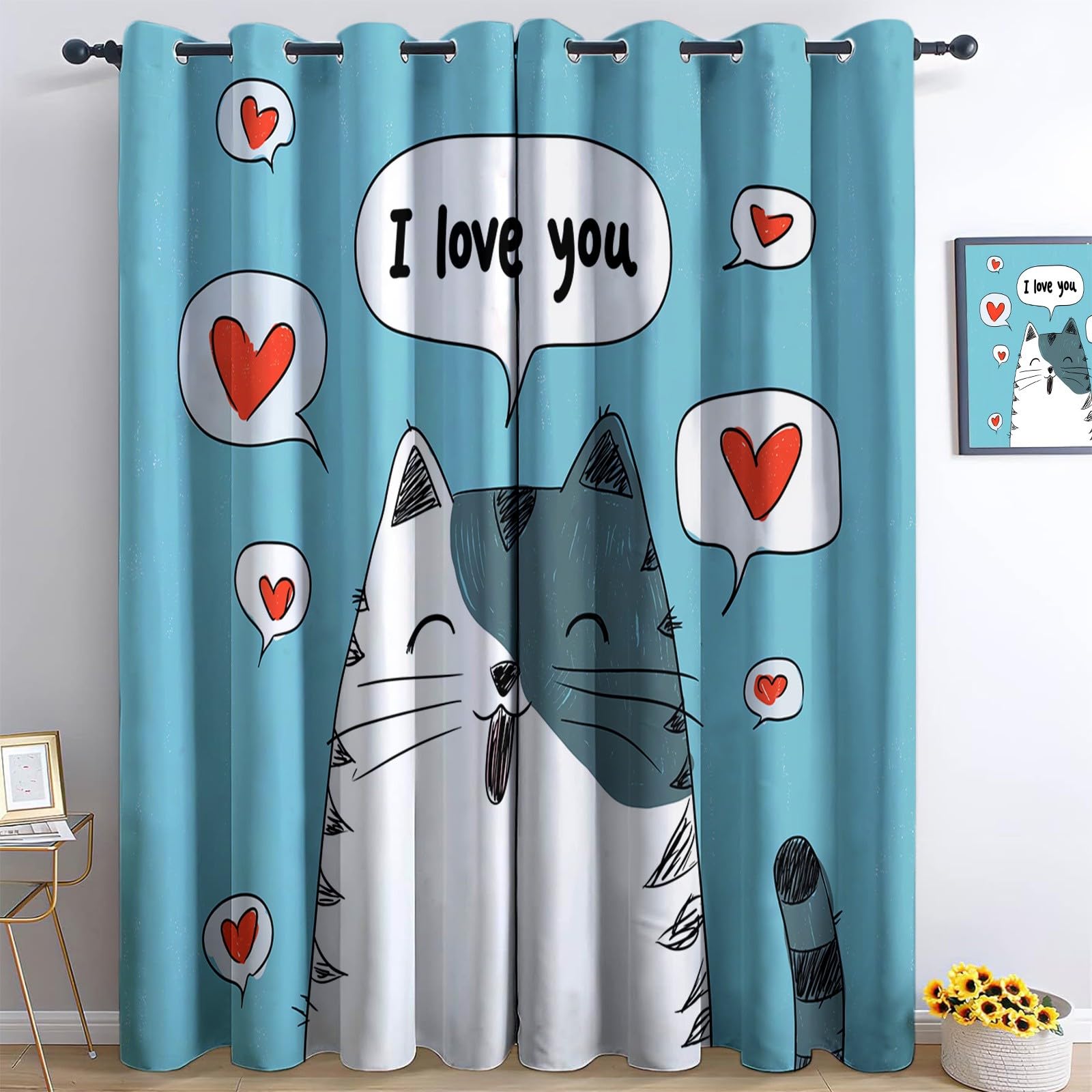 Generisch Tiere Katzen Text 2er Set Verdunkelungsvorhänge mit Ösen, Cartoon-Stil Blickdicht Thermo Isoliert Vorhänge für Wohnzimmer & Schlafzimmer, HxB 215 x 110 cm