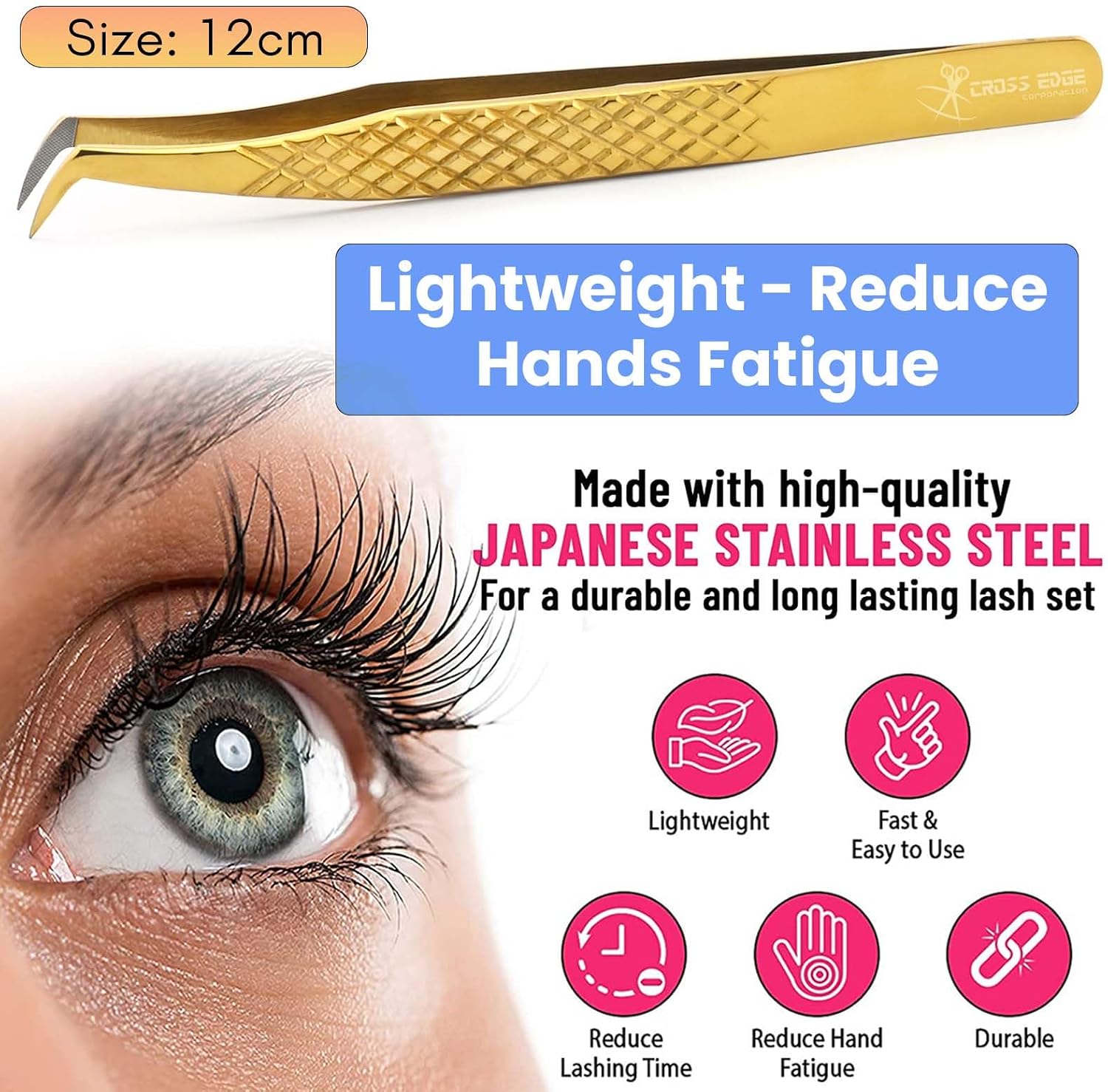 My Lash Tools Fiber Tip Lash Tweezers for Eyelash Extensions Professional Lash Tech Supplies Must Haves Volume Boot Eyelash Tweezers 12cm Stainless Steel Mink Fan Making Lashing Tweezer (Gold)