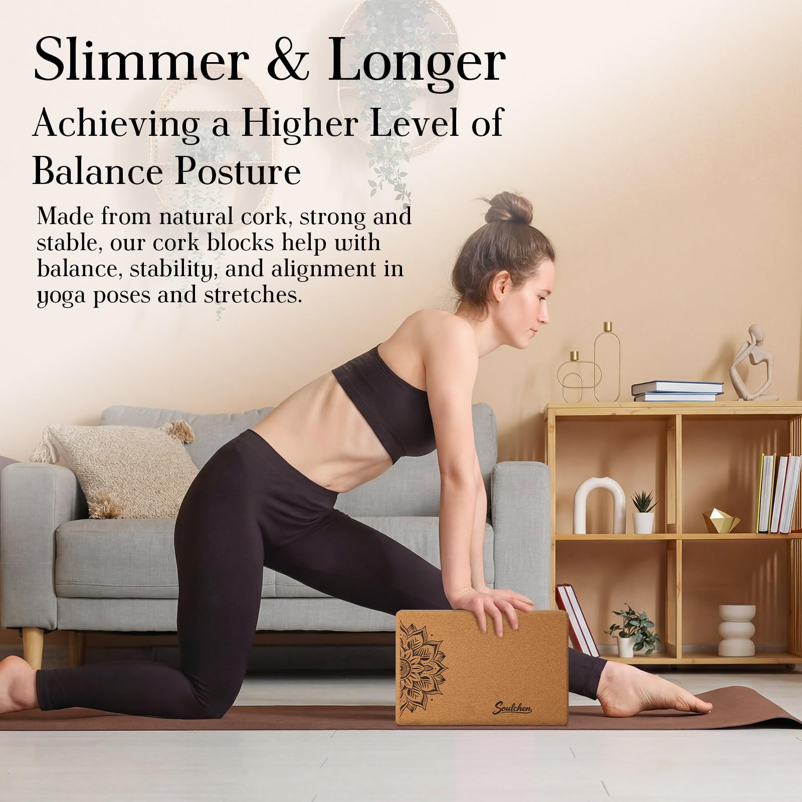 Soulchen Yoga-Blöcke aus natürlichem Kork mit Gurt, 2 Massagebälle, schlanker, längerer Korkblock für Pilates, Meditation, hochdichtes Yoga-Zubehör, Geschenke für Frauen, Unterstützung der Stabilität