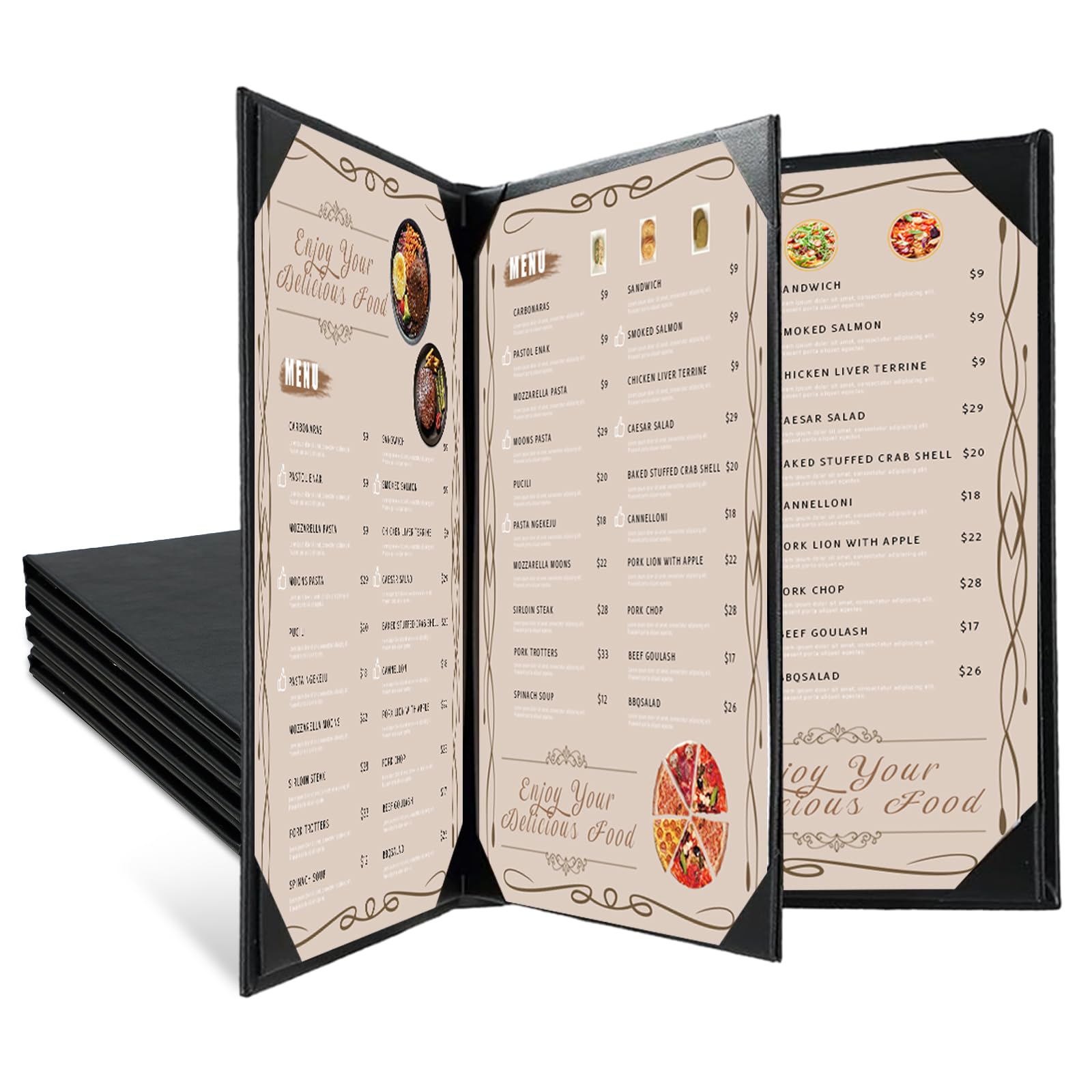 Lot de 5 protège-menus pour restaurant - 21,6 x 27,9 cm - En cuir synthétique - 4 vues - Style livre avec coins inclinés - Noir - Pour liste de vin (5, 4 vues (21,6 x 27,9 cm)