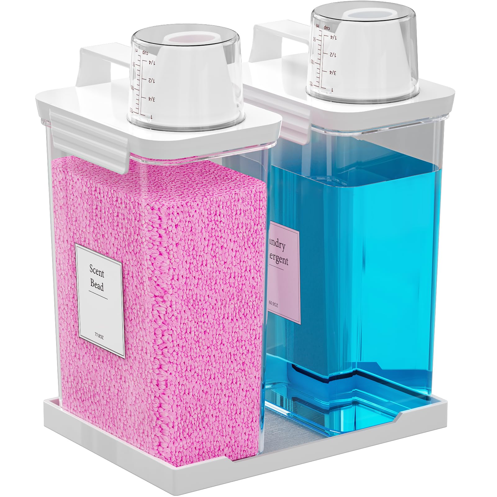 Hordely 77.8OZ Laundry Detergent Dispenser Container, 2 Pack Liquid Laundry Dispenser, Plastic Detergent Dispenser for Laundry Room/Powder/Fabric Softener with Labels/Tray, Clear