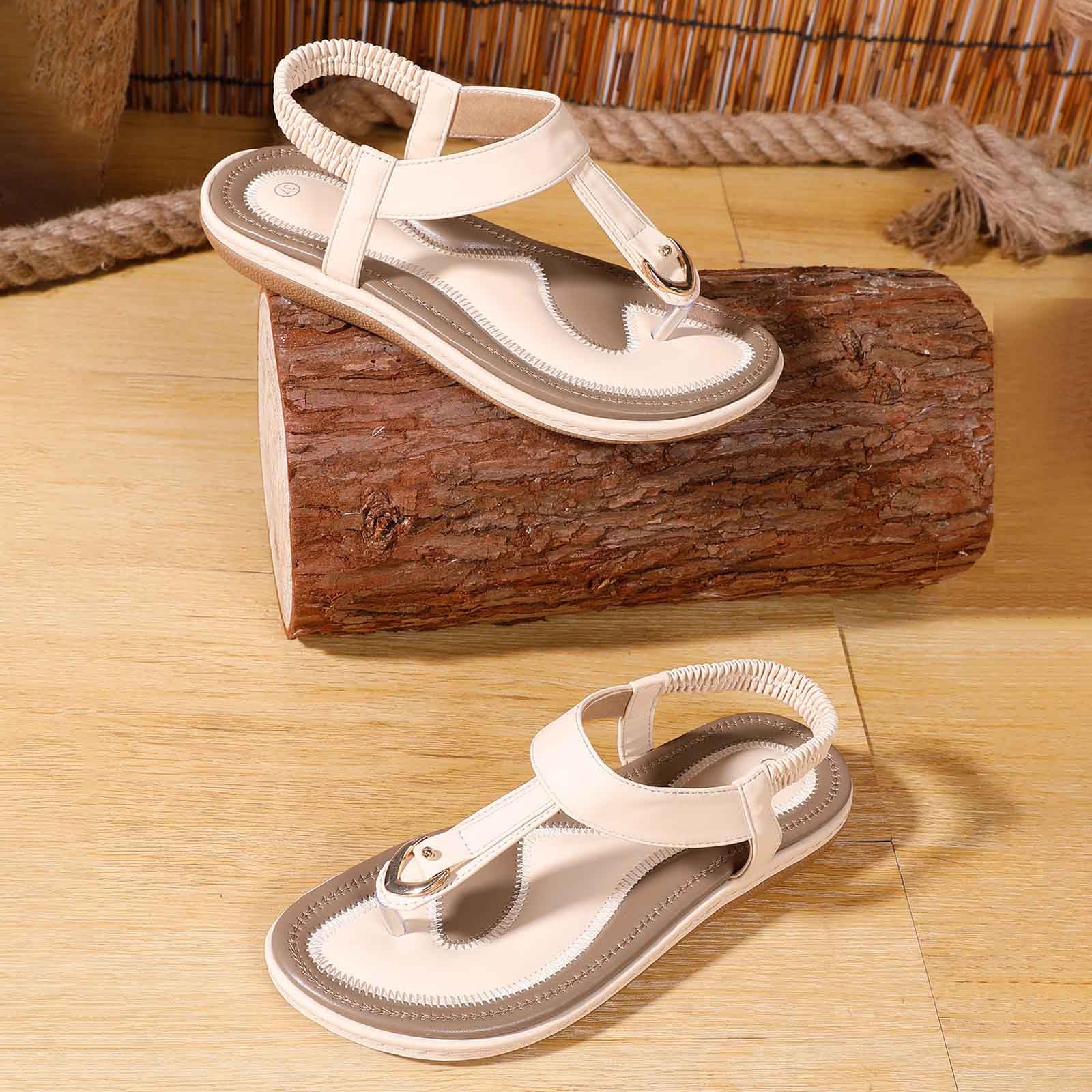 Sandali estivi da donna, stile bohémien, con strass, sandali da spiaggia, scarpe da spiaggia, infradito piatte con tempo libero, casual, con cinturino elastico alla caviglia, per alleviare il dolore