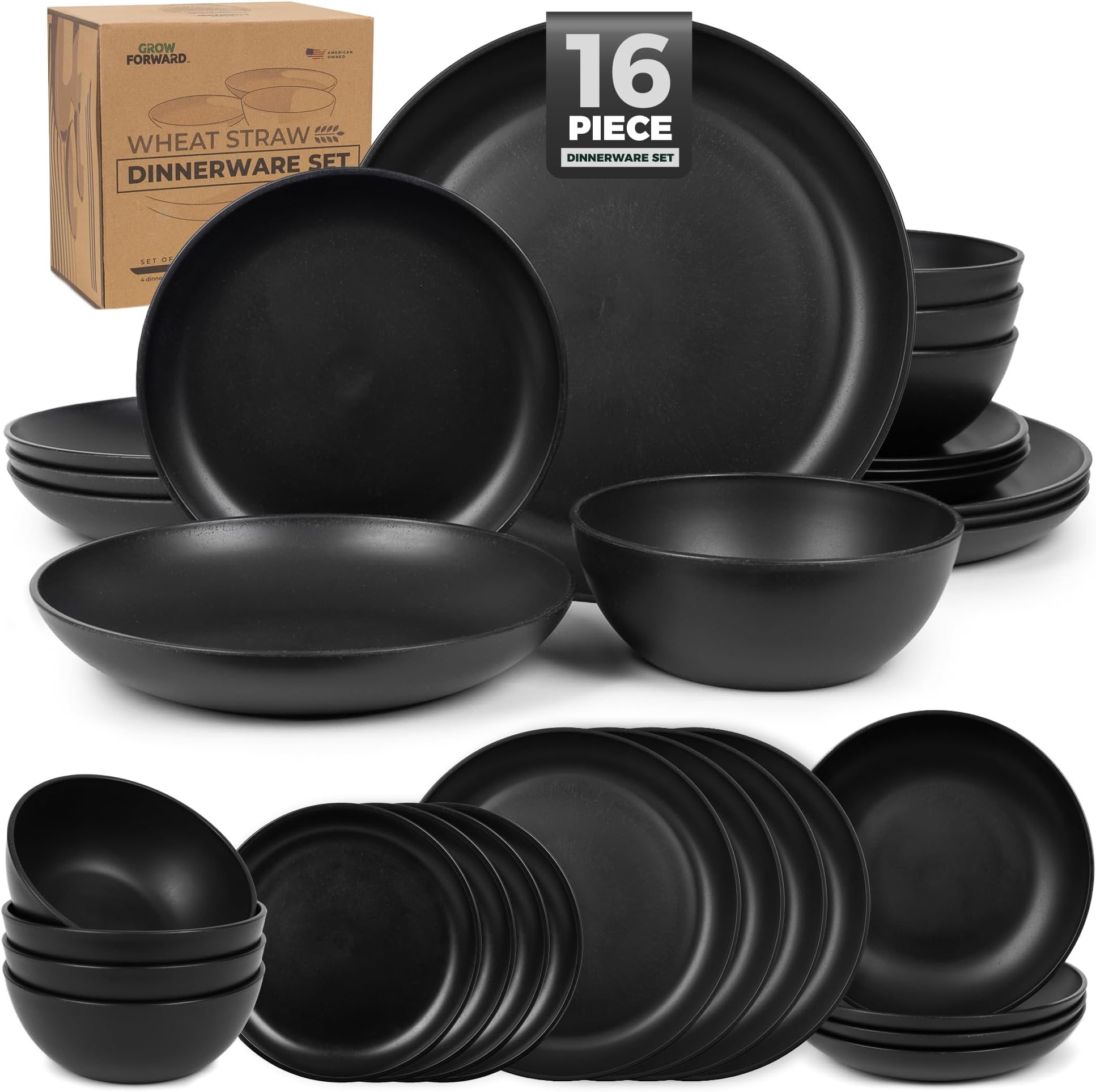 16-piece Premium Wheat Straw Dinnerware Sets for 4 - Unbreakable Dishwasher & Microwave Safe Plastic Plates and Bowls Sets - Patio, Outdoors, RV, Camping Dishes - Midnight