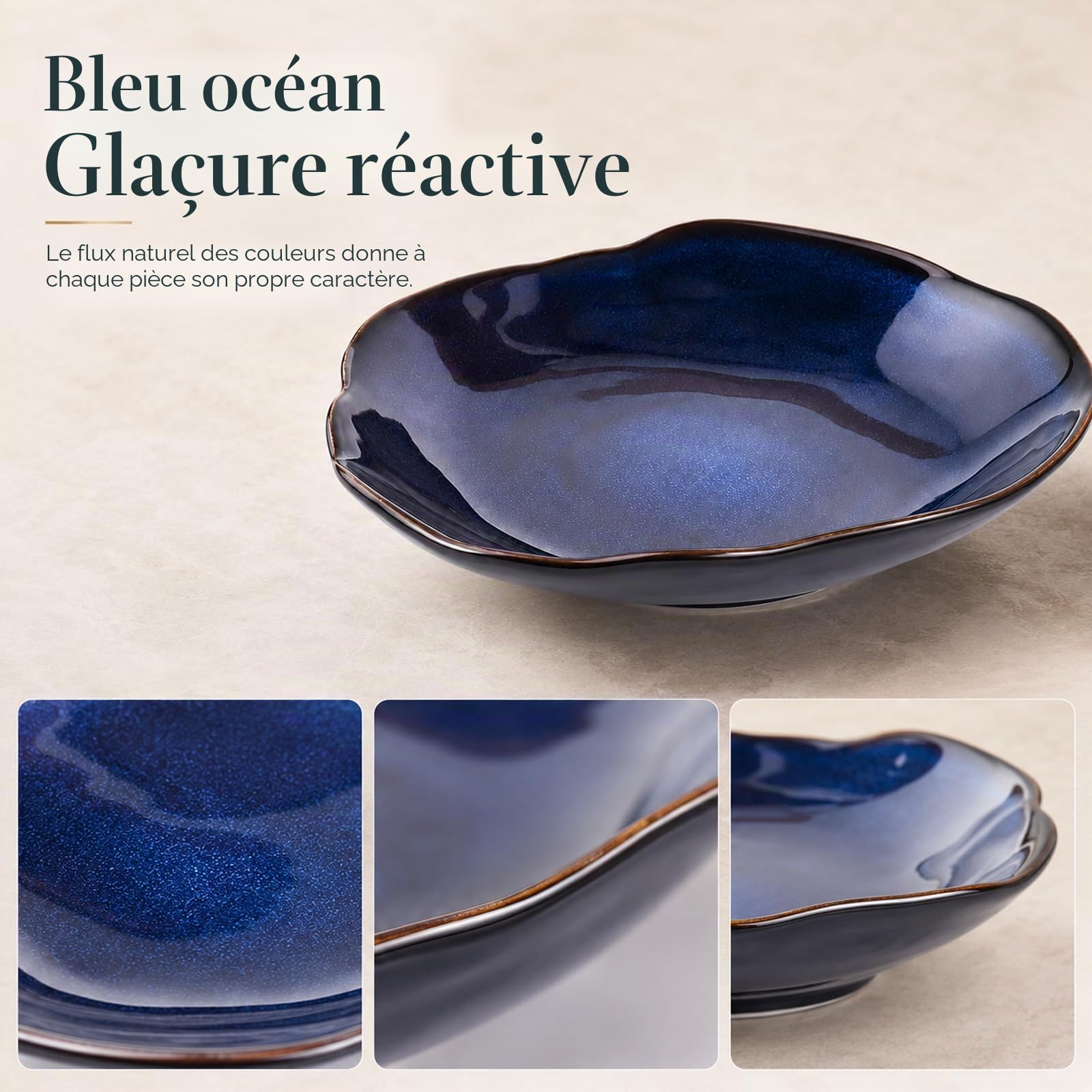 Bol décoratif en céramique bleu – Petit plat à bijoux de 26 cm, bol à fruits, à bonbons, bol à clés pour table d'entrée, plat à bijoux et bagues, plat fourre-tout en porcelaine pour cuisine, table de