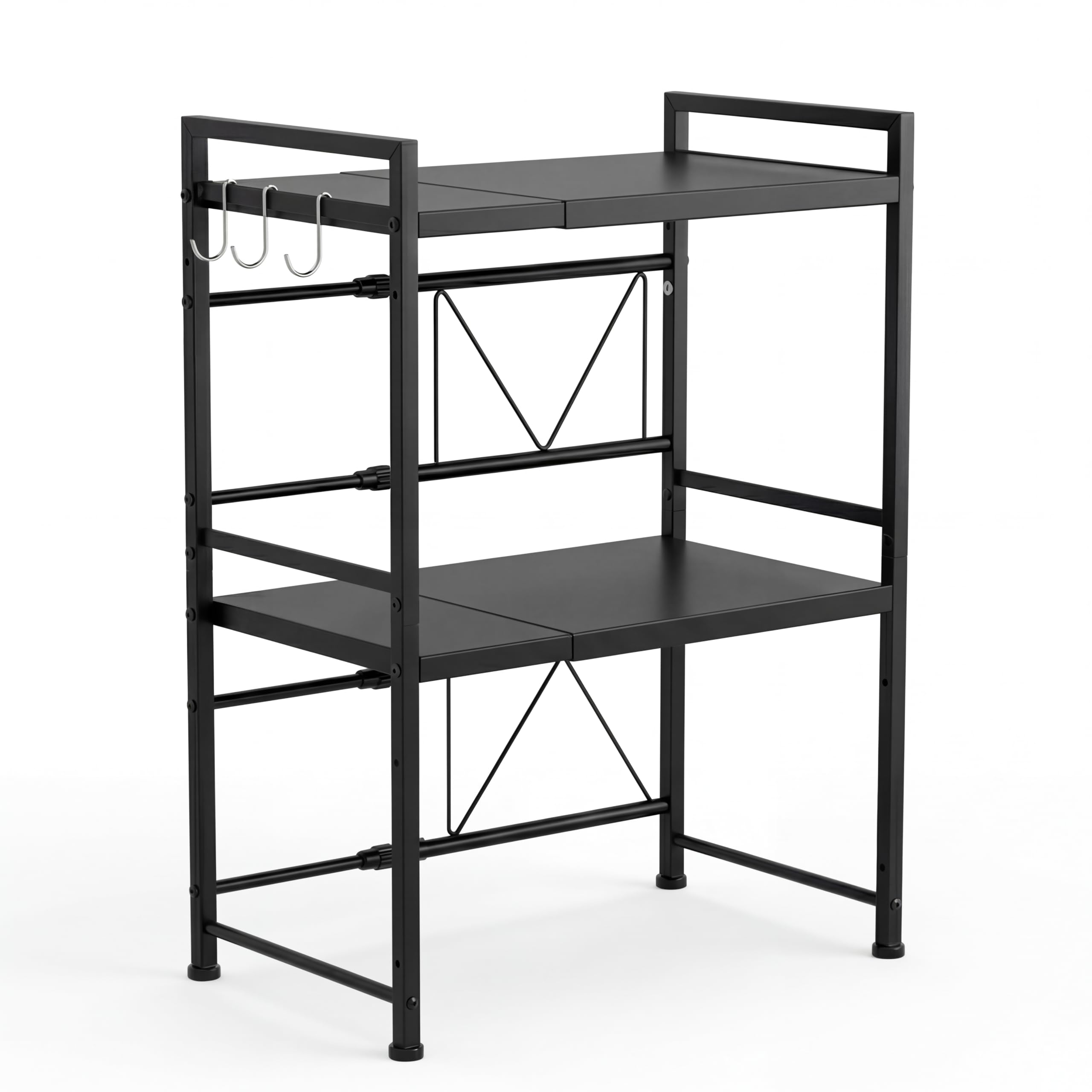 Supporto da forno a microonde estensibile, organizer da cucina a 2 livelli con 3 ganci, ripiano in acciaio al carbonio, capacità di peso di 55 LB, nero (2 livelli)