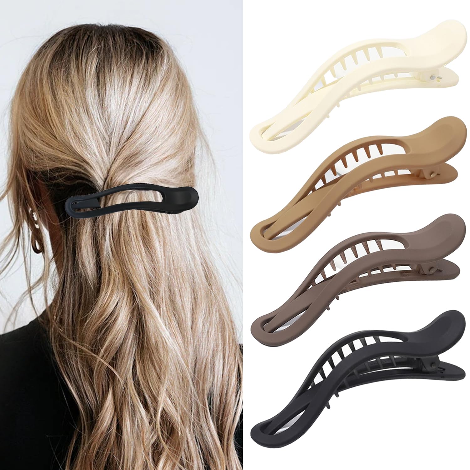 French Flat Hair Clips for Women, 4 Pack Curved Hair Claw Clips for Thick Thin Curly Hair, Strong Hold No Slip Grip Hair Claw Clips for All Hair