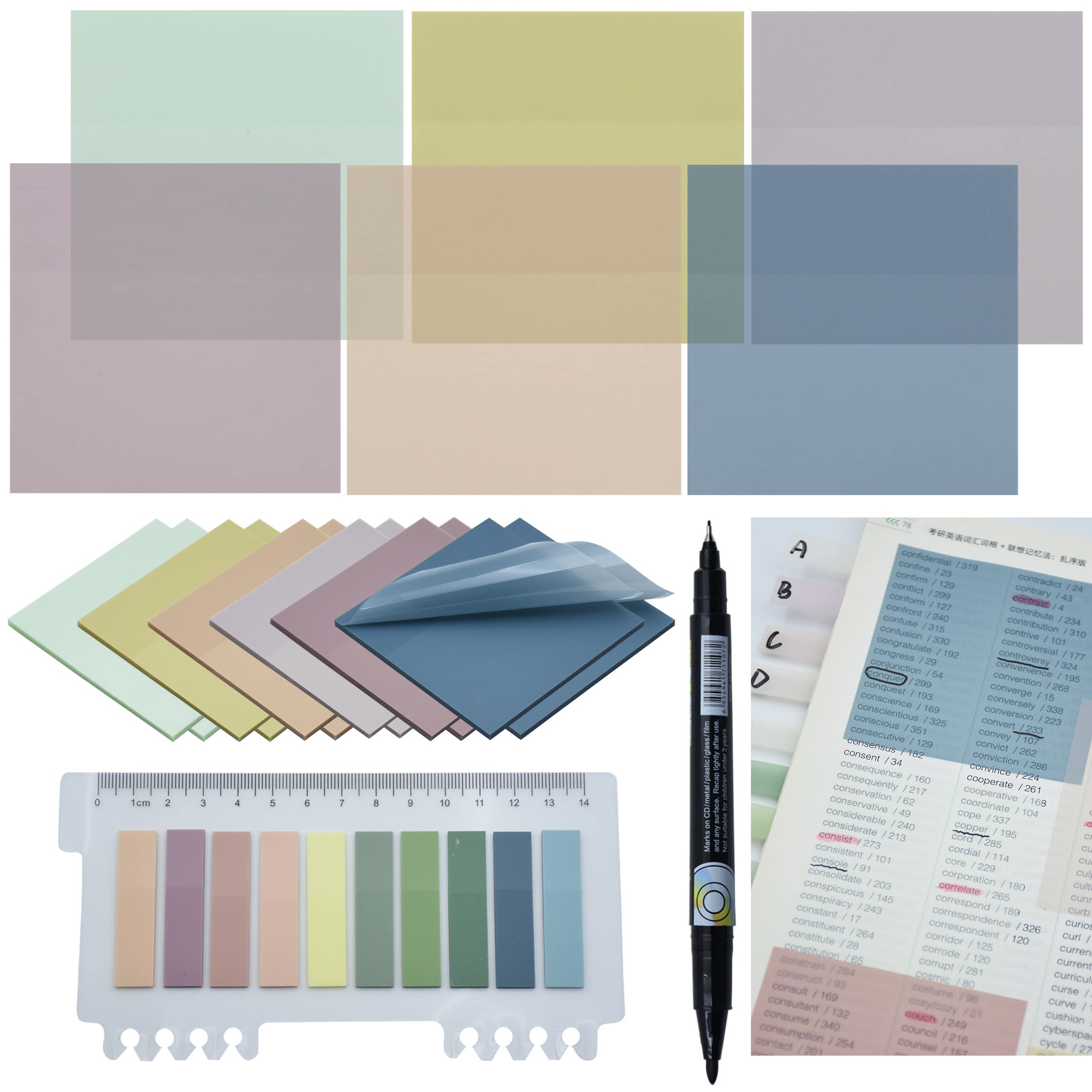 YOUDEFUL 800 Etiquetas Adhesivas Transparentes, 3 x 3 pulgadas, Notas Adhesivas Transparentes Morandi Cuadradas