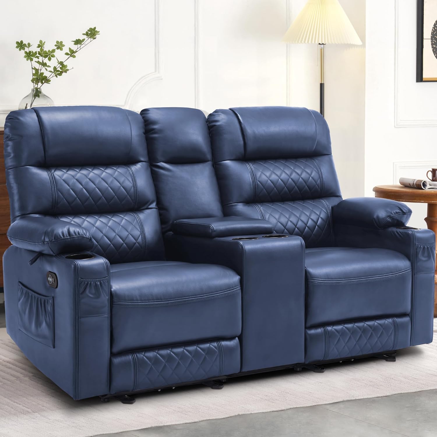 MCombo Zero Gravity Power Loveseat Recliner with Console, Heat and Vibration Massage, Reclining Loveseat Sofa with USB Ports, Cup Holders for Living Room, Faux Leather PR622Sets (Navy Blue)