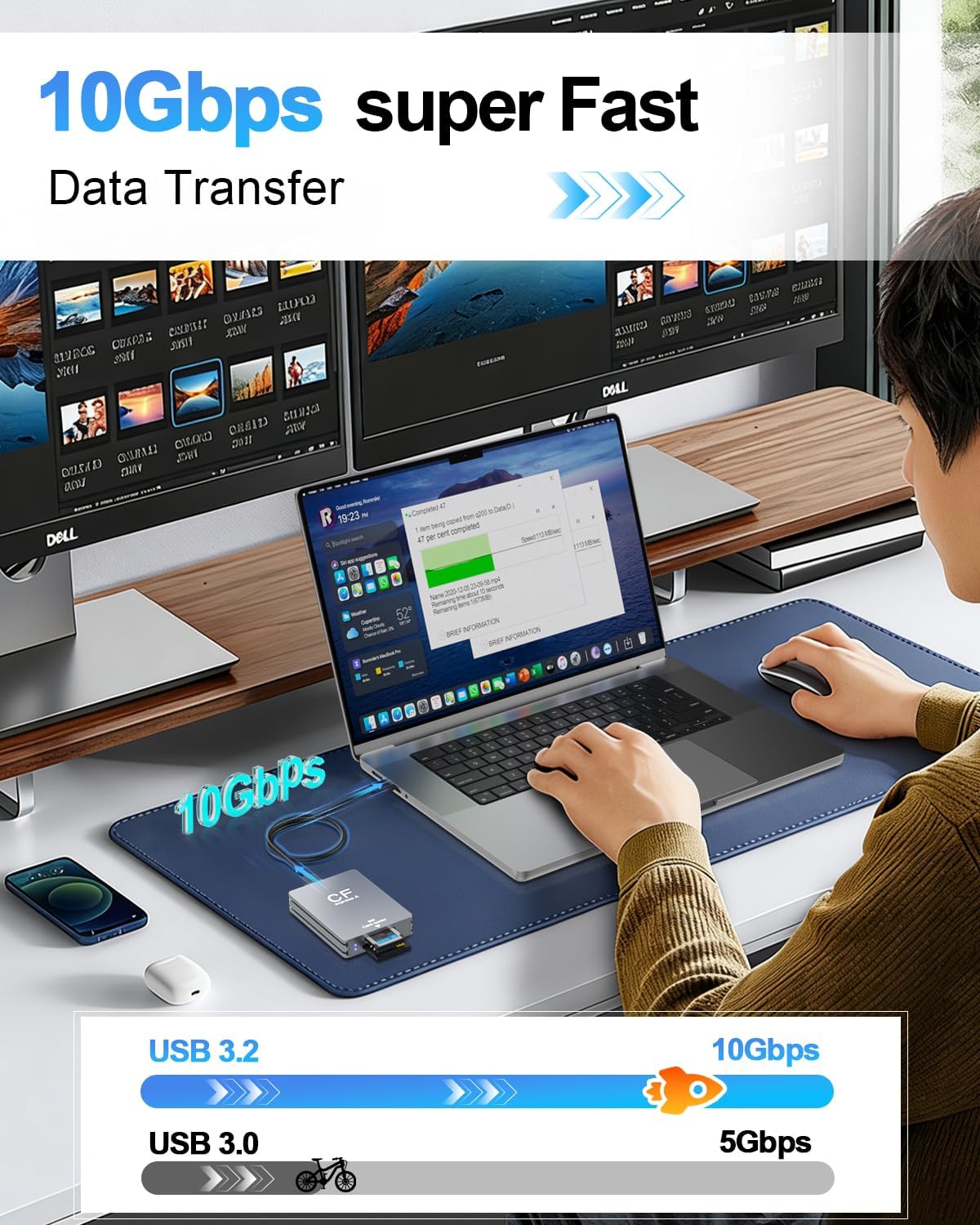 CFexpress Type A and SD 2 in 1 Memory Card Reader, 10Gbps USB 3.2 Gen 2 Type A CFexpress Adapter High Speed Dual-Slot SD CFexpress Reader with USB C + USB A Cable for Windows/Mac/Linux/Android