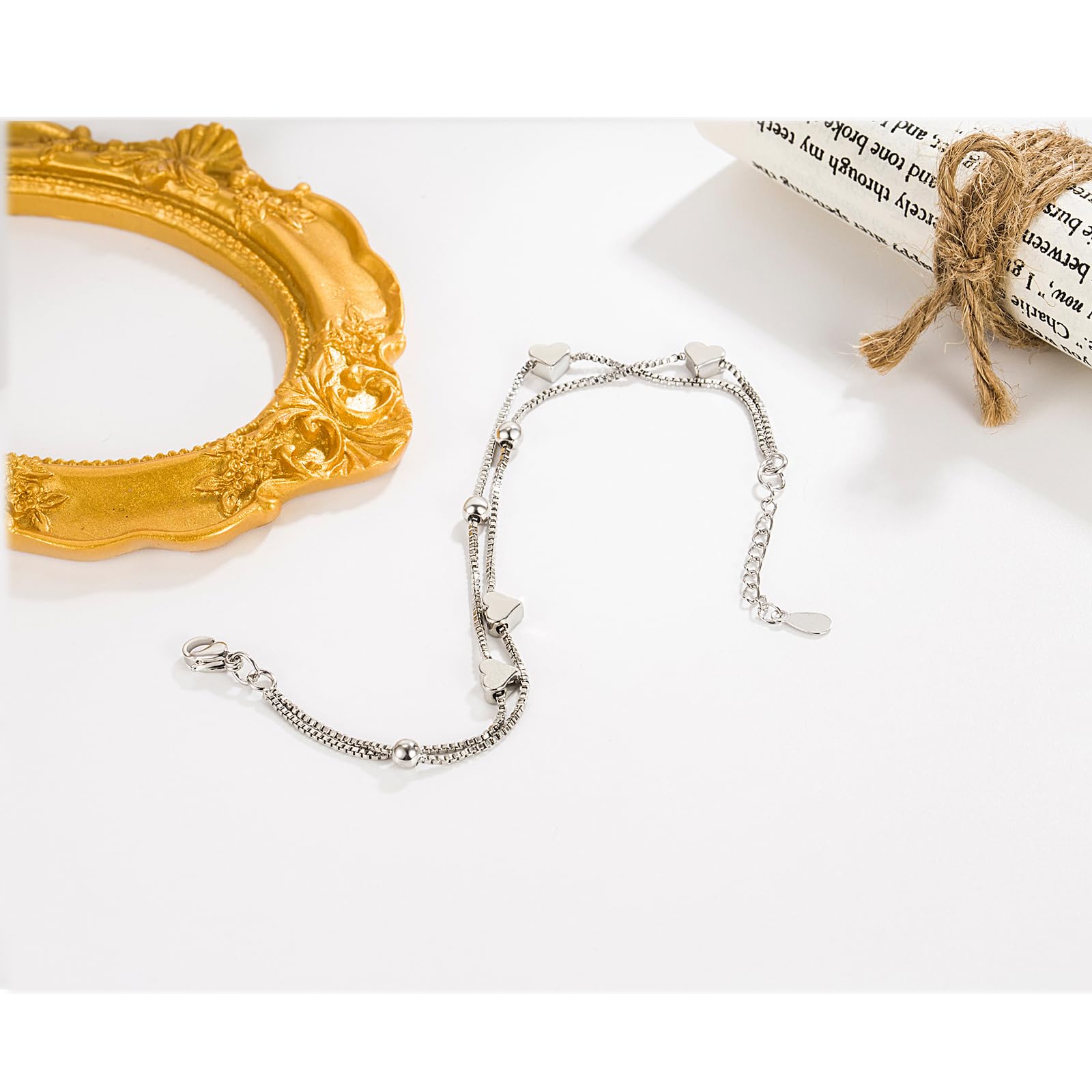 Braccialetto Donna Doppio Strato per Le Donne Hollow Bead Heart Design Gioielli Regolabili Trendy Fashion Accessory-Bianco