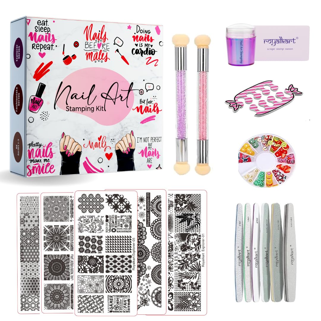 Royalkart Nail Art Kit For Girls|5 Stamping Plates|6 Nail Art Buffer & Filer Set|2 Nail Art Sponge|French Nail Stamper,Scraper,Finger Rest,Fimo Clay Wheel,Finger Tip Guide|Nail…