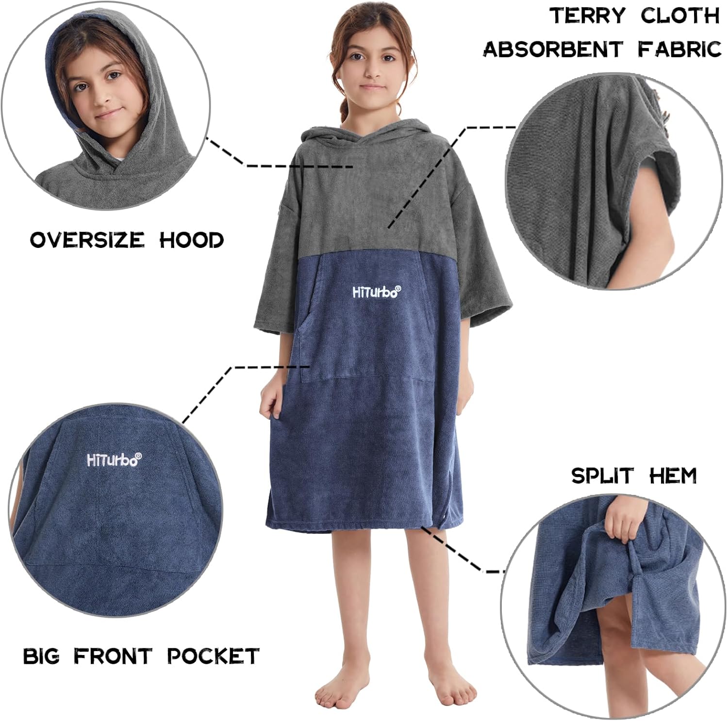 Hiturbo Kids Changing Towel Hoodie: Absorbent Quick Dry Surf Poncho, 3/4 Sleeve Microfiber Bath Towels for Beach Pool (Gray/Navy) - Image 3