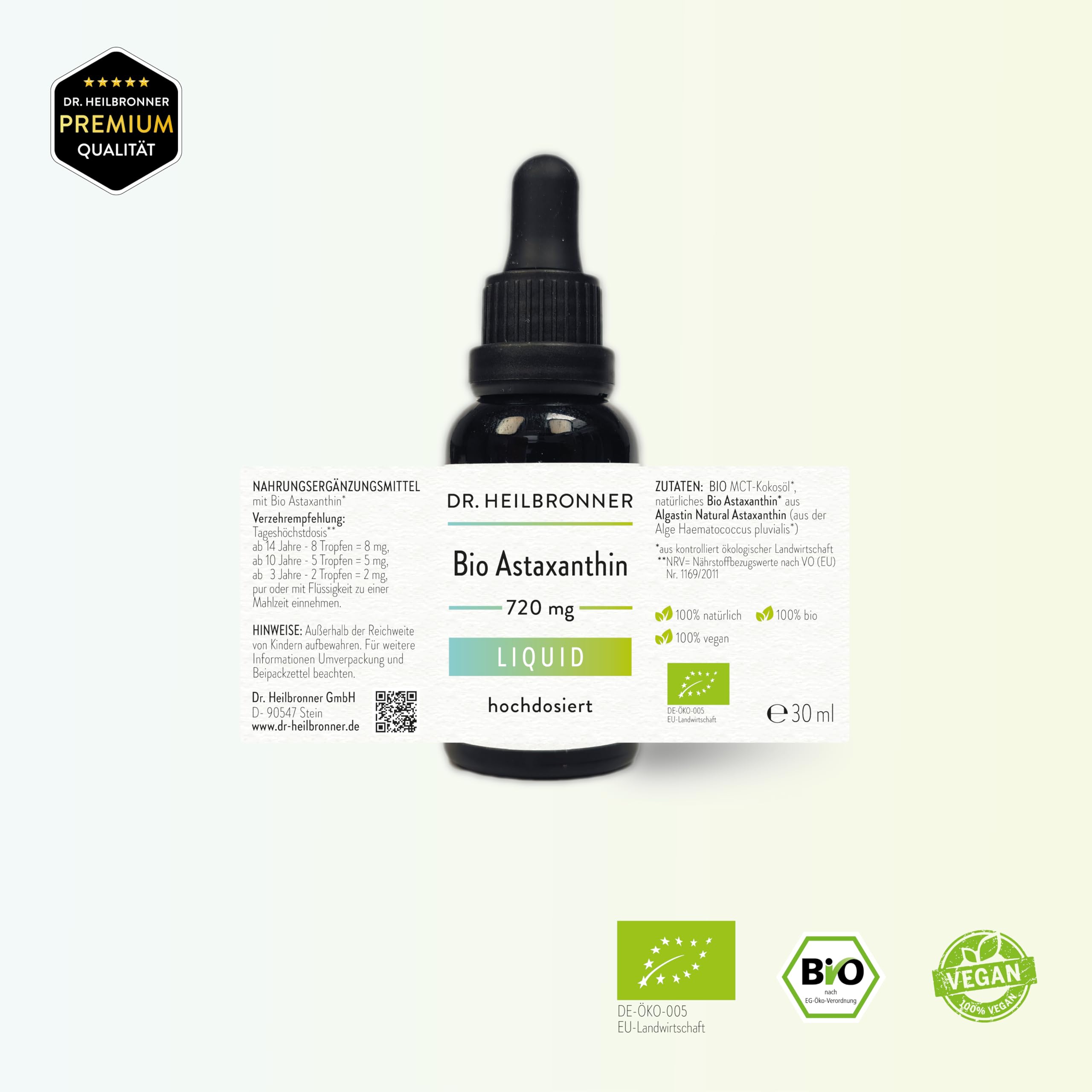 BIO Astaxanthin Tropfen - Hochdosiert - 30 ml = 720 Tropfen - 8 Tropfen = 8mg Astaxantin pro Tag = 90 Tage - Vegan - Liposomal - für Kinder - flüssig - liquid - bioverfügbar - Dr. Heilbronner