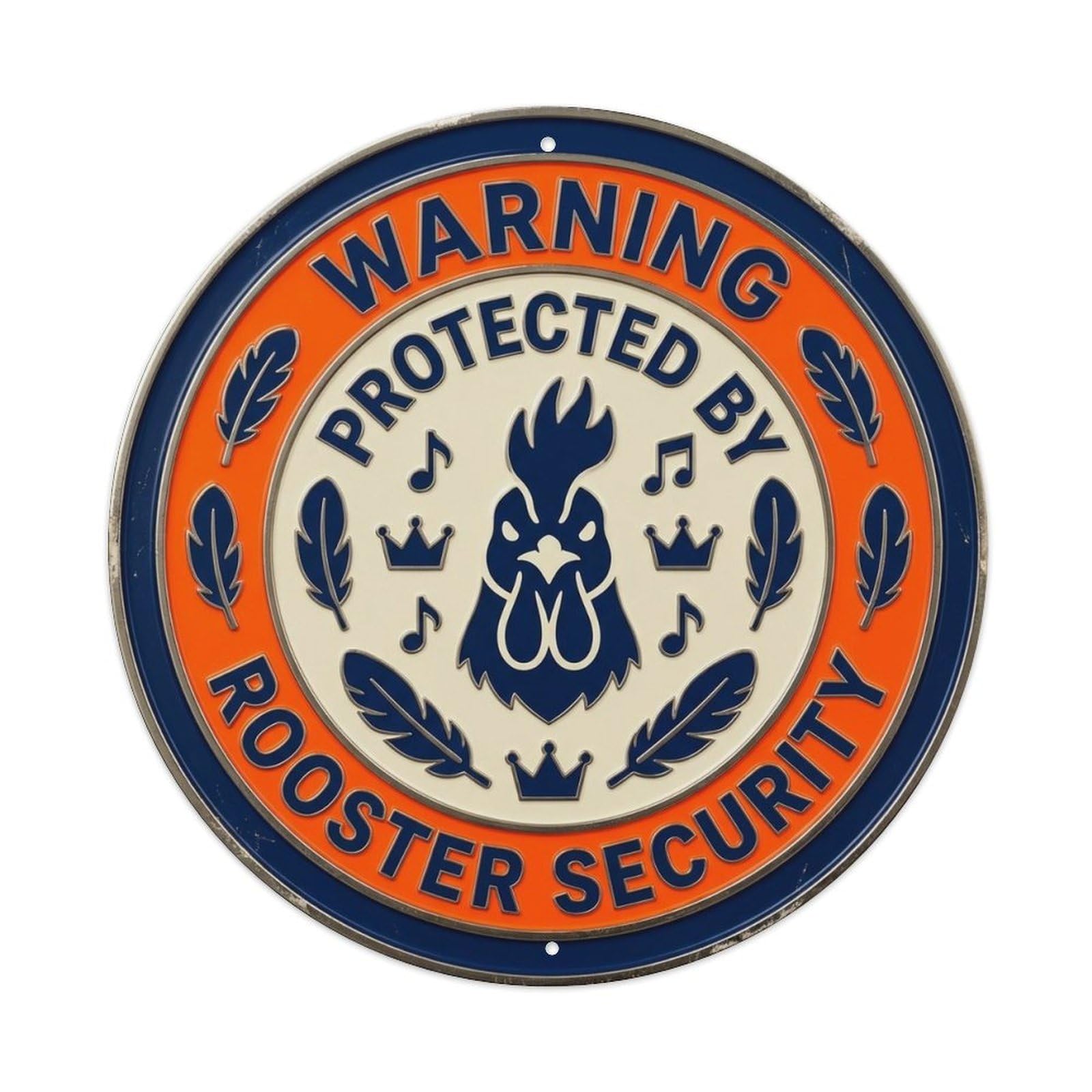 Rooster Pet Security Warning Orange Navy Metal Tin Sign