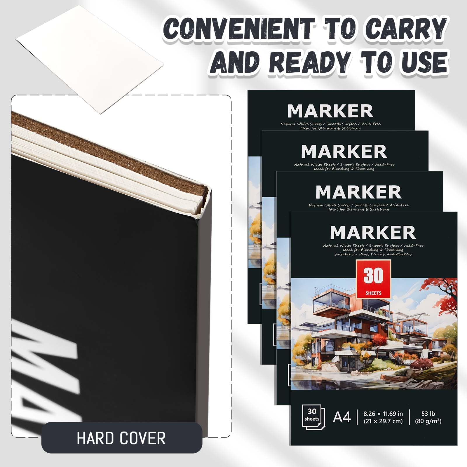 Kosiz 4 x Markerpapierblock, 120 Blatt, 21,6 x 29 cm, Gesamtmarkerpapier, 80 g/m², Markerpapier, Skizzenbuch, Skizzenbuch, blutungssicher, Markerblock zum Zeichnen, Färben, Alkoholmarker,