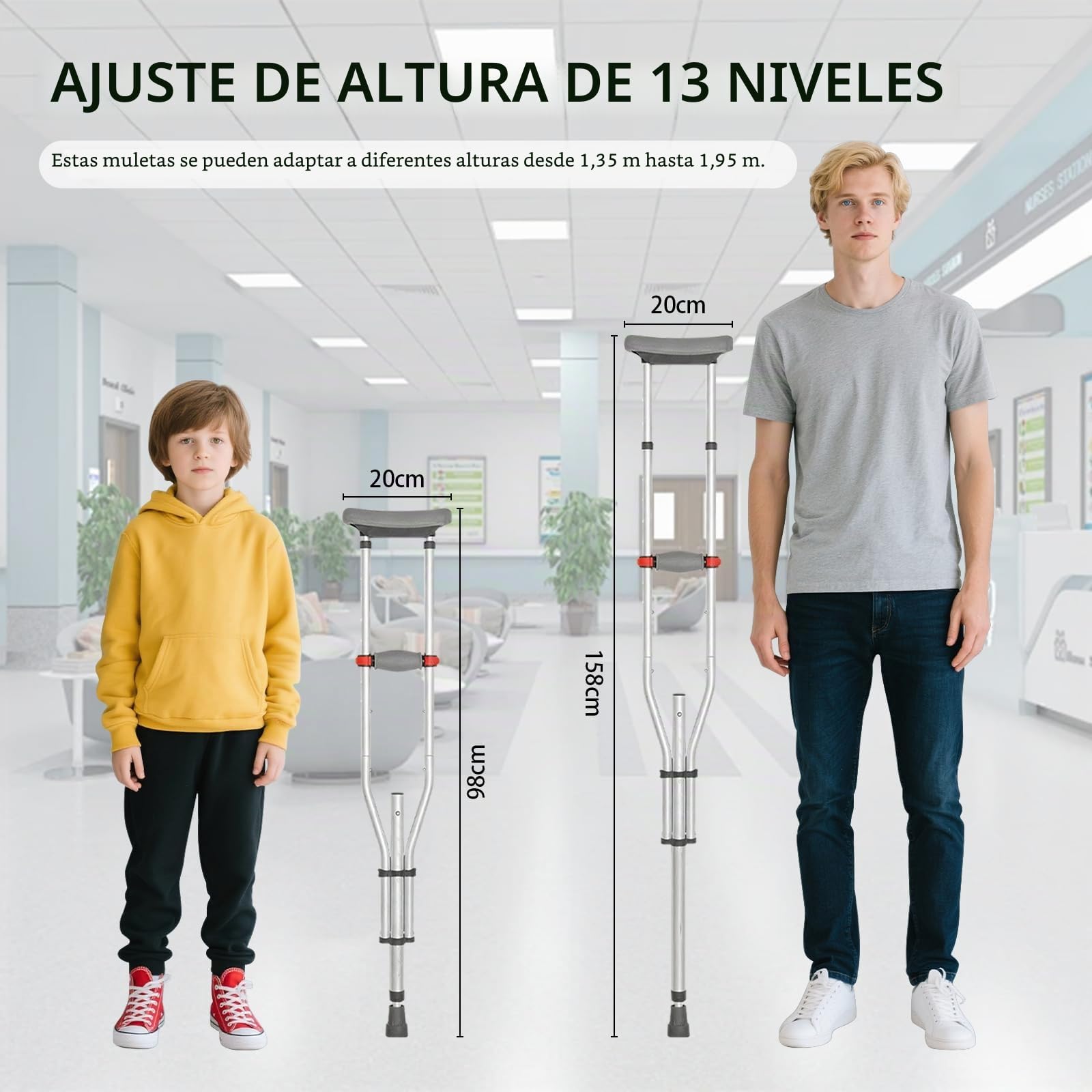 Muletas para Axilas, Plegables Muletas Adulto Altura Ajustable, Capacidad de Carga 150 KG, Muletas de Aluminio con Apoyos Blandos para Antebrazos y Manos, 1 Par